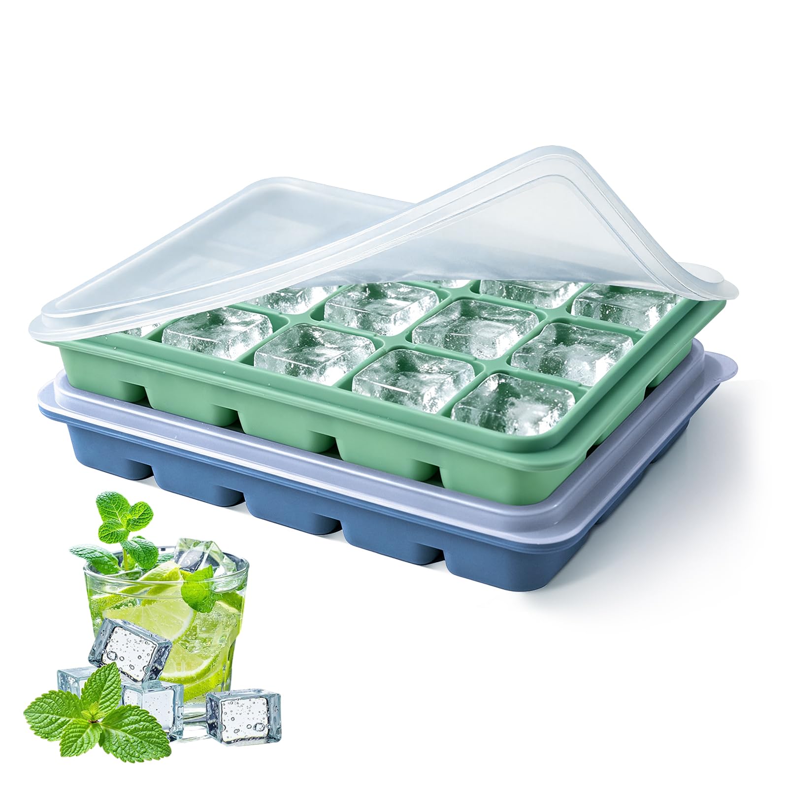 Tvmania Ice Cube Trays Set of 2, 15-Cube Silicone Molds with Removable Lids