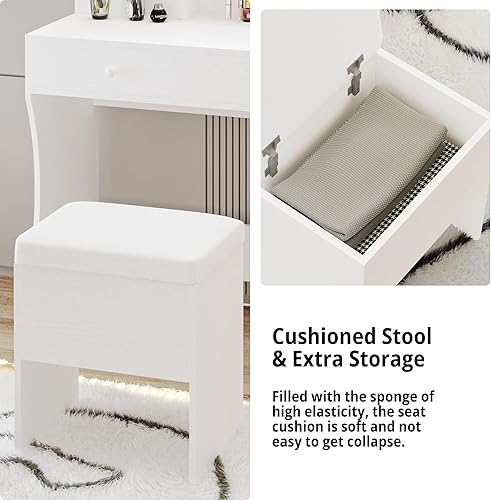 Miniatura 6 de LIKIMIO Escritorio de tocador con espejo iluminado LED, toma de corriente y 4 cajones, juego de mesa de maquillaje con taburete de almacenamiento y