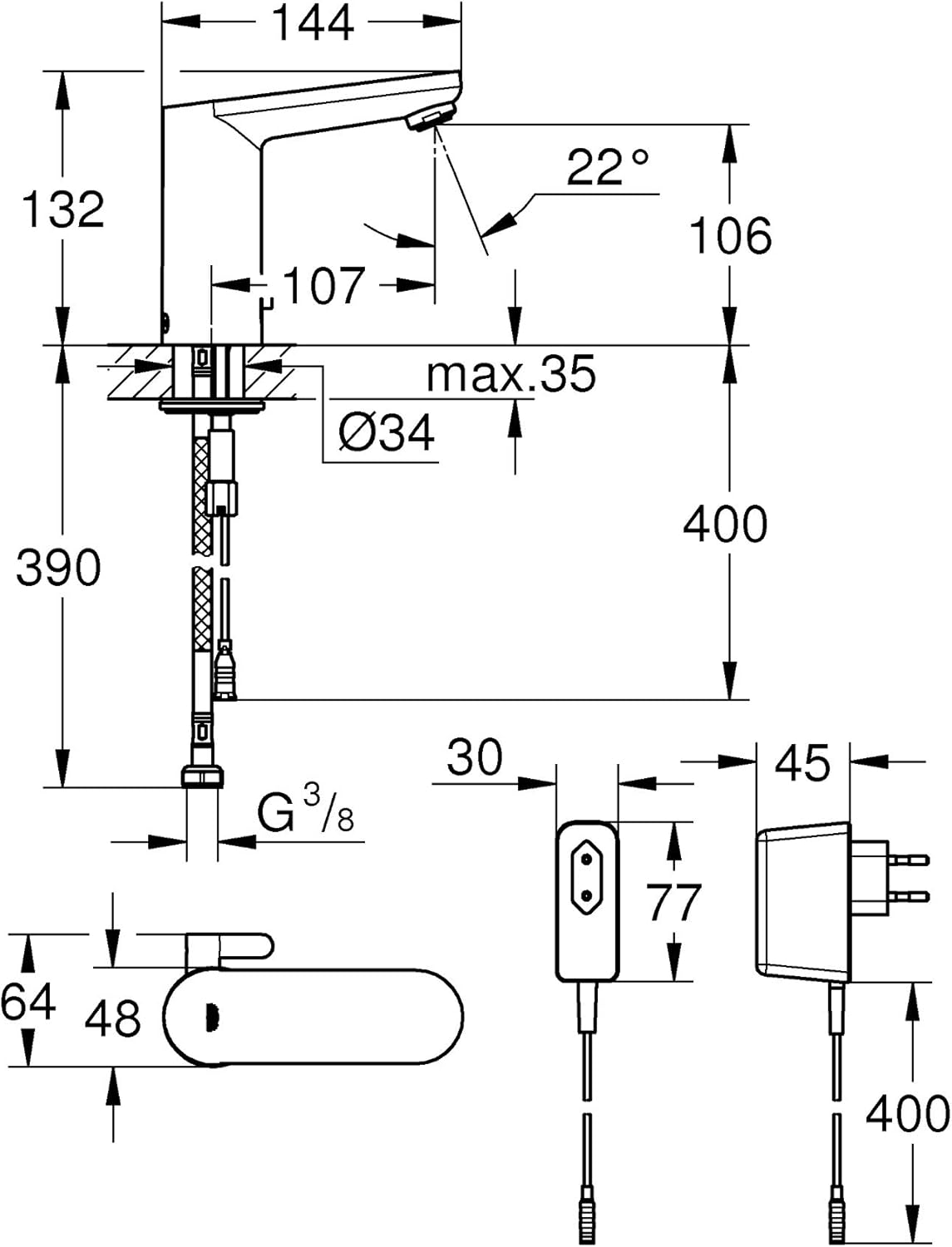 Technical drawing with dimensions for GROHE Eurosmart Cosmopolitan E