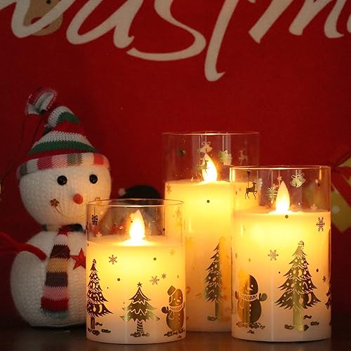 Miniatura 5 de Wondise Velas de cristal sin llama de Navidad, muñeco de nieve dorado LED con control remoto y temporizador, funciona con pilas y mecha móvil para