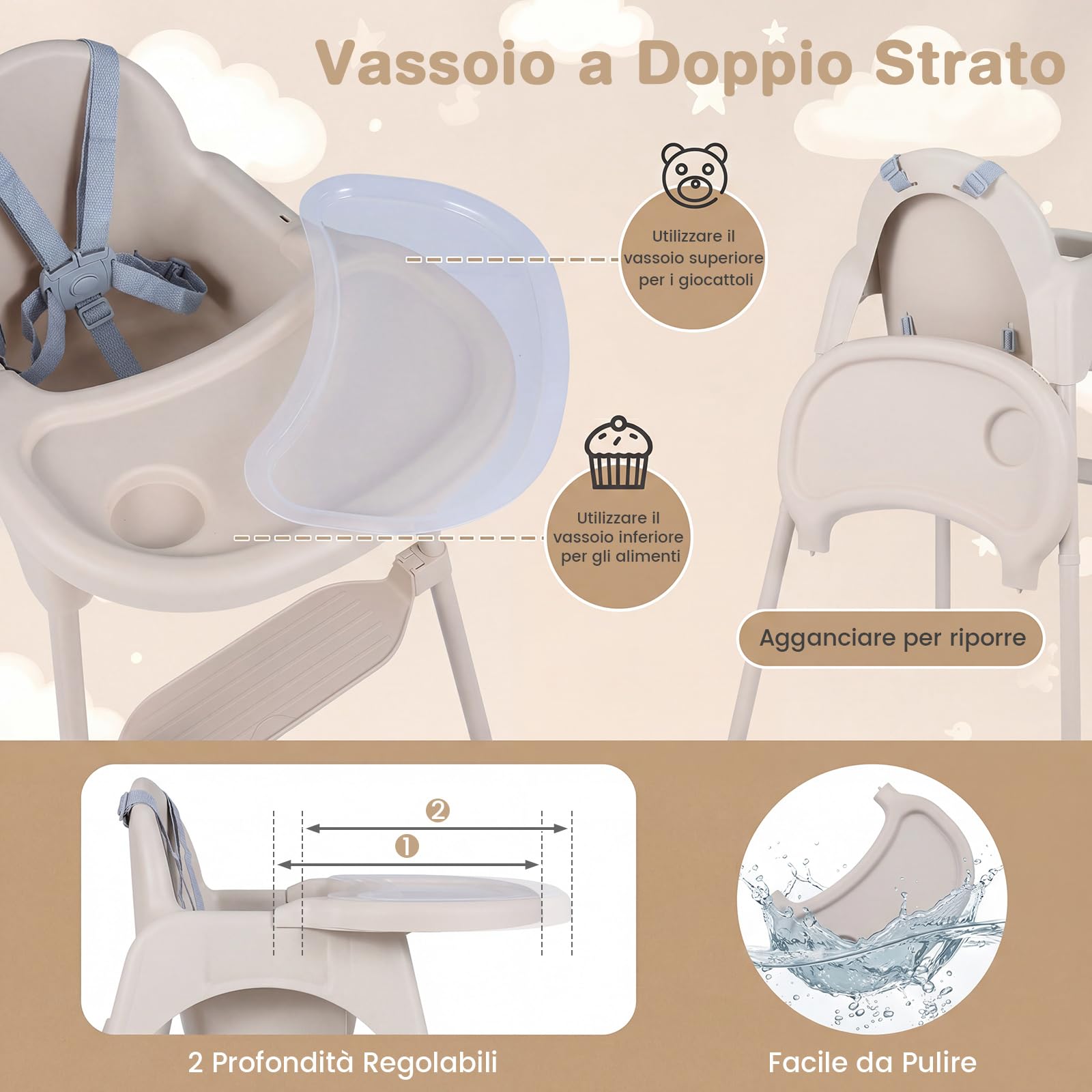 COSTWAY 4 in 1 Seggiolone per Bambini, Vassoio Doppio Rimovibile | Cintura di Sicurezza a 5 Punti, Poggiapiedi Reversibile, per Bambini 6-36 Mesi