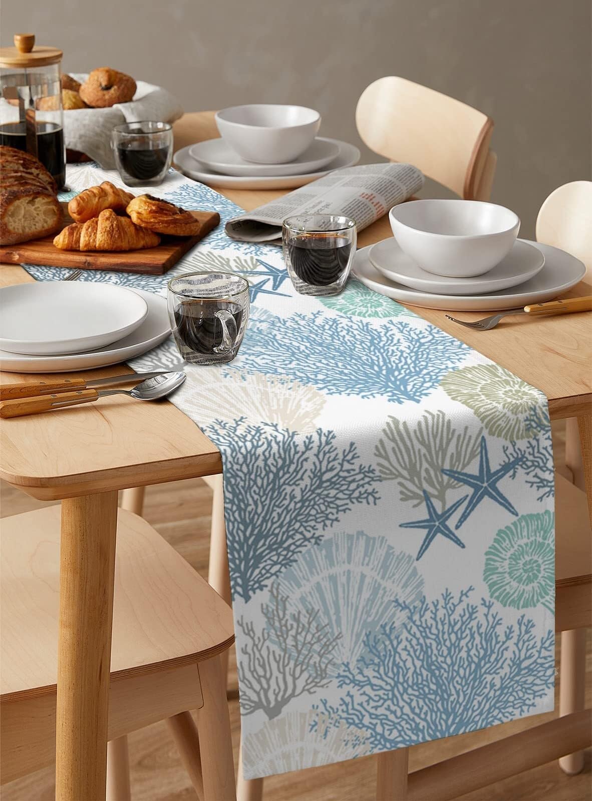 Chemin de Table en Coton et Lin Bleu Corail 13"x60" - Parfait for Une décoration sur Le thème de la Plage en été(Texturelif8331,13x90 inch)