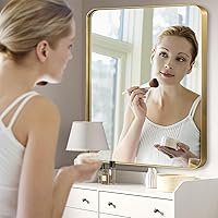 Vista 3 de Espejo de baño dorado de 22 x 30 pulgadas, espejo rectangular con marco de metal cepillado con esquina redondeada, espejo de tocador de baño dorado