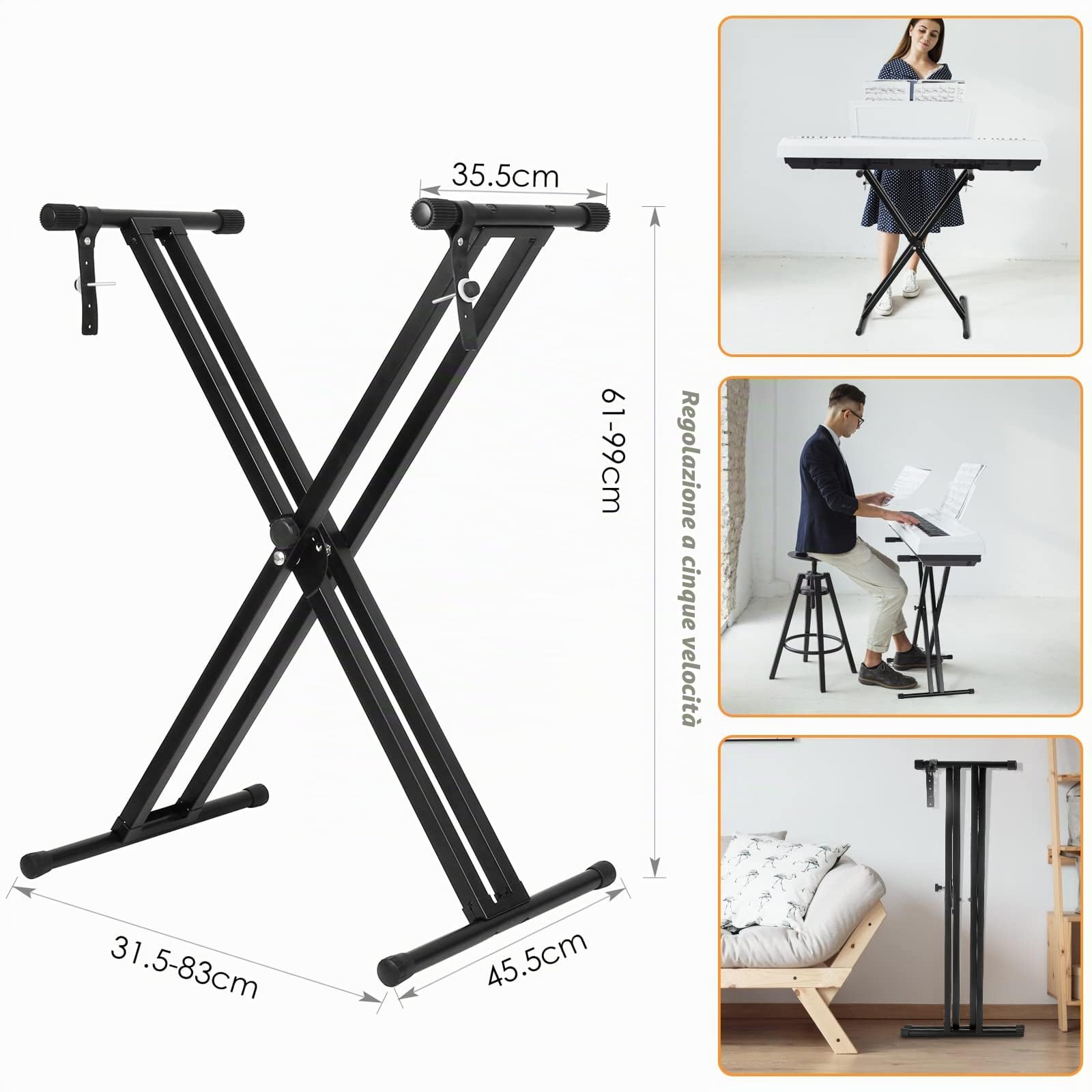 MAMIZO Supporto per tastiera con sgabello, regolabile in altezza, tastiera e sgabello per tastiera, doppio X-Frame Keyboard Stand Set di sgabelli per tastiera pieghevole, per pianoforte, nero