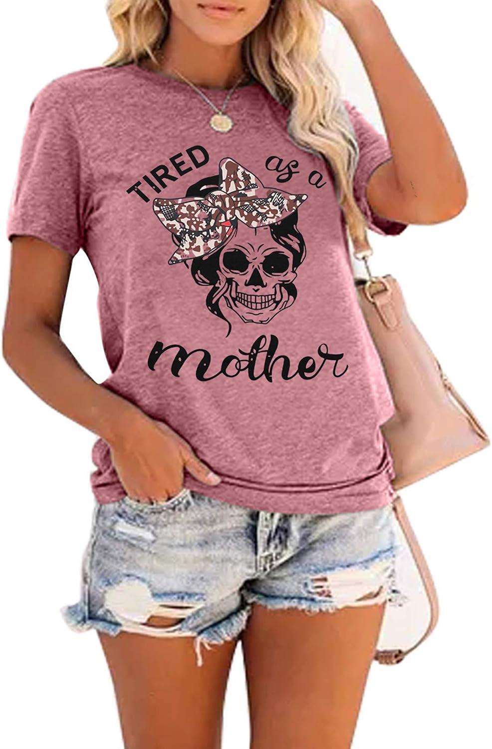 Women Mom Shirt Funny Skull Leopard Graphic Tee Tired As A Mother Shirt Cute Printed Short Sleeve Sayings Tshirts Top