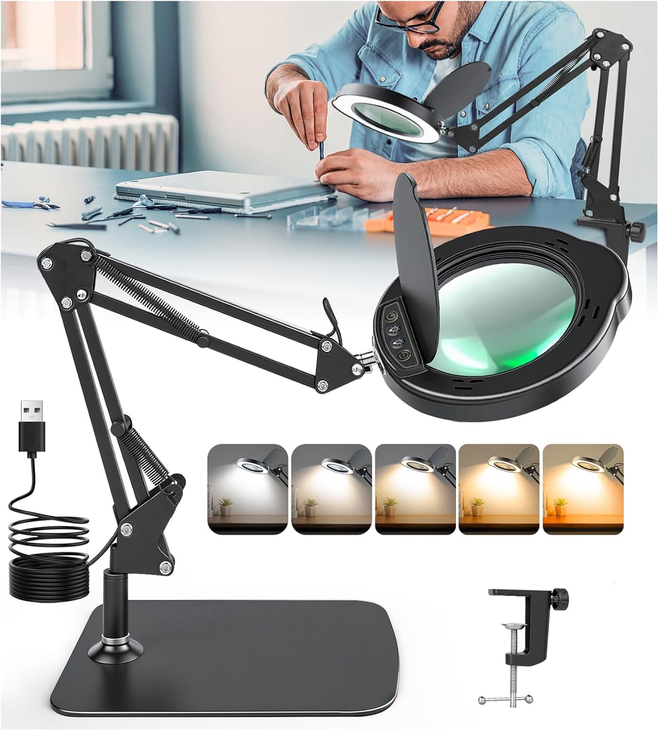 KimFilter 10X Magnifying Glass with Light and Stand | Dust Cover Design, 5 Color Temp Modes Dimmable LED Magnifying Lamp with Swing Arm | Hands Free Desk Magnifying Light for Crafts, Read & Close Work