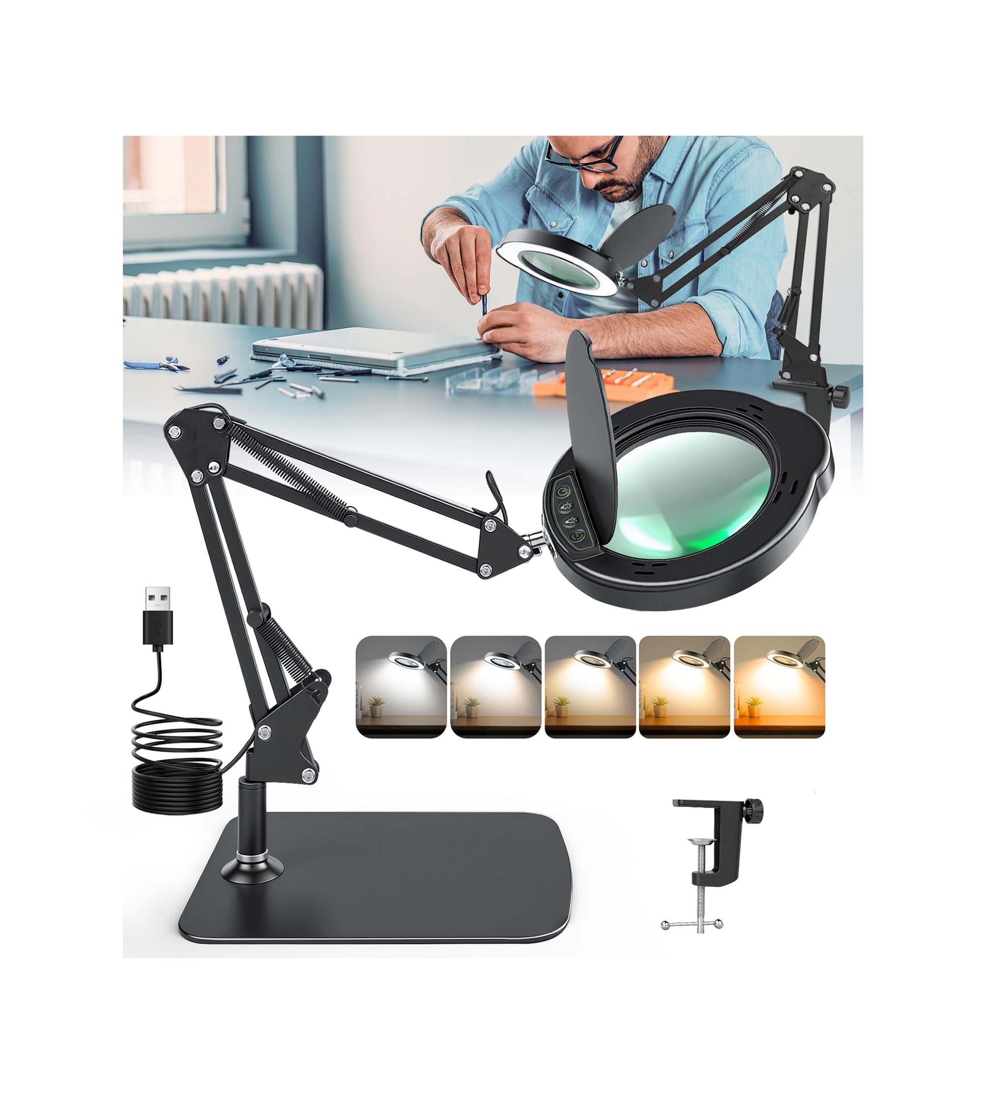 KimFilter Lupa de 10 aumentos con luz y soporte, diseño de cubierta antipolvo, 5 modos de temperatura de color, lámpara de aumento LED regulable con brazo oscilante, luz de lupa de escritorio manos