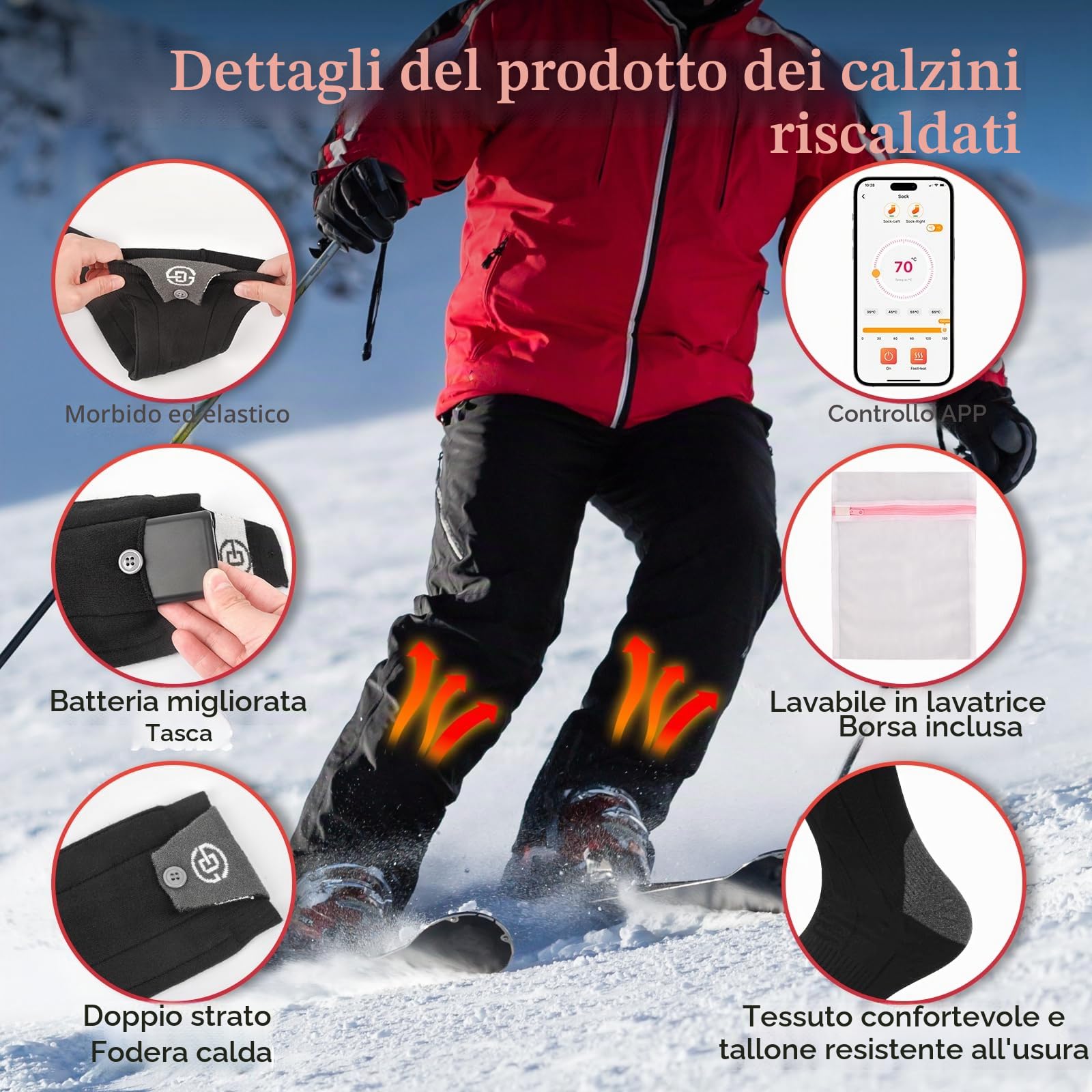 Calze Riscaldate a Batteria 8000mAh Calzini Riscaldanti Unisex con 4 Temperature Calze Riscaldanti Scaldapiedi Elettrico Con Controllo App Lavabili per Sci, Campeggio, Escursioni, Ciclismo