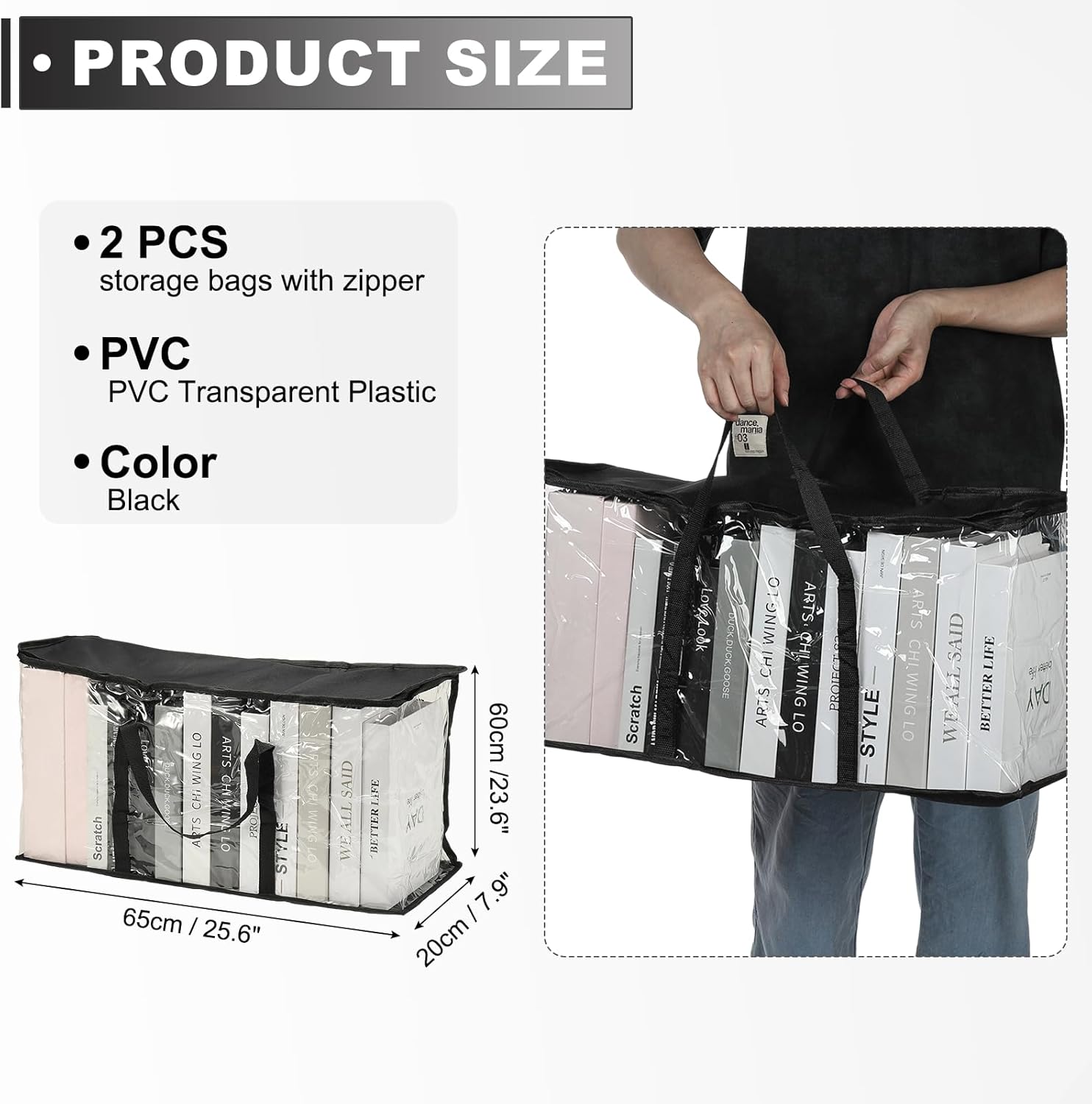 PATIKIL 25.6x7.9x23.6in Clear Storage Bags, 2PCS Plastic Storage Bags Clear Large Zippered Organizers Foldable Closet Bed Sheet Organizer Cube with Zipper for Book Clothes Yarn,XL, Black