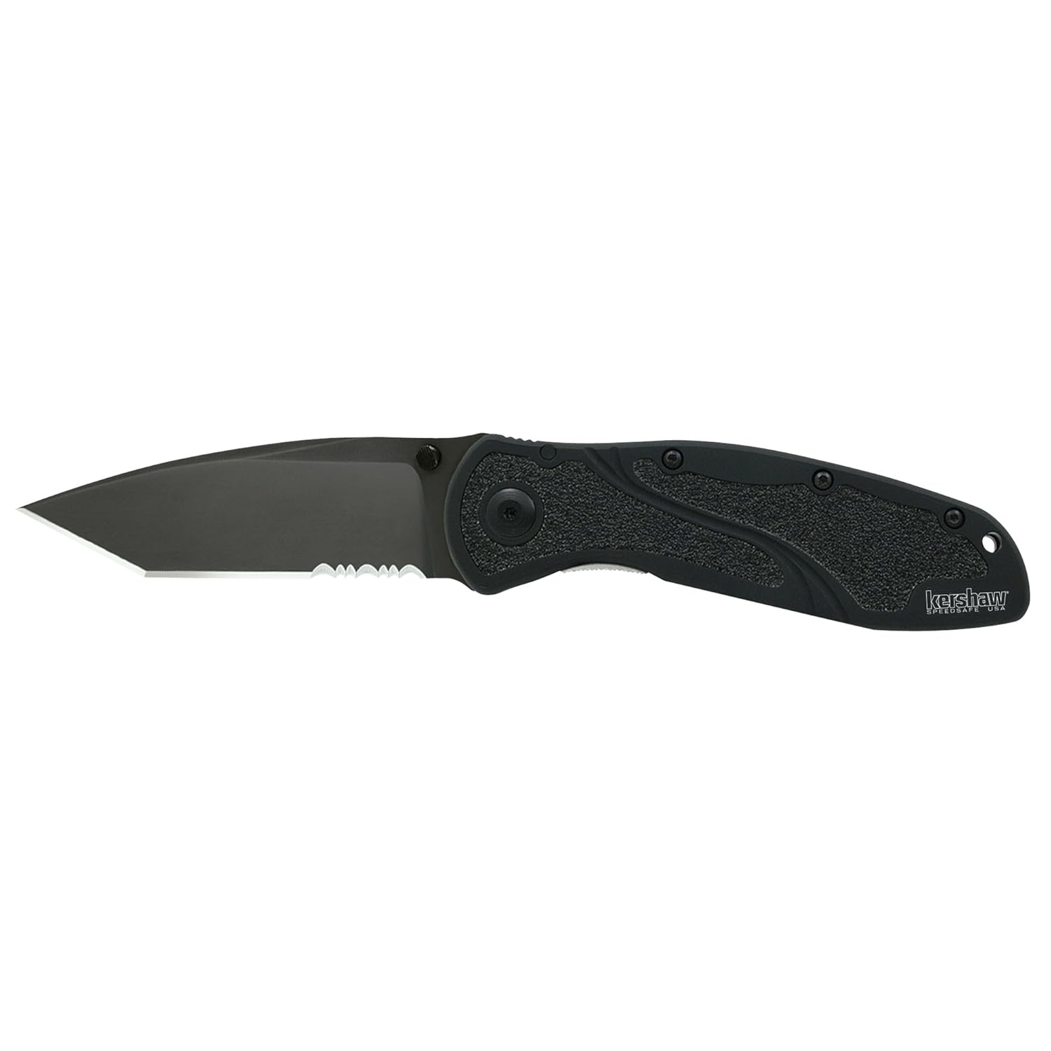 Kershaw Blur Tanto Black Serrated Pocket Knife ; 3.4 inch Cerakote Finish Blade, Sandvik 14C28N Steel & Glassbreaker Blur Pocketknife, 3.4" Sandvik 14C28N Stainless Steel Recurved Serrated Blade