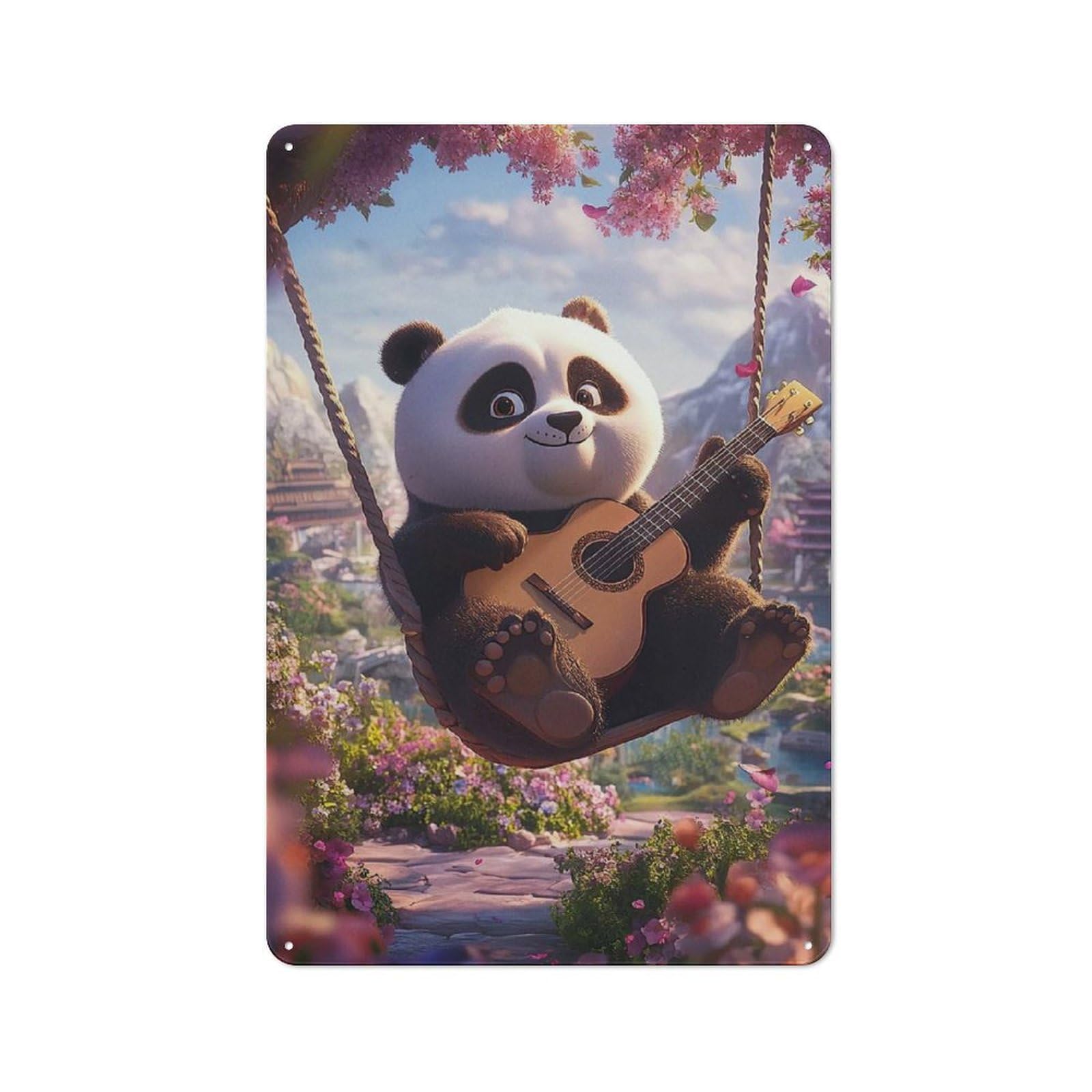 Junmoney Panda Playing Guitar Metal Wall Sign With Design 30X20cm, Clean Industrial Studio Wall Art For Loft, Studio, Office Or Creative Room