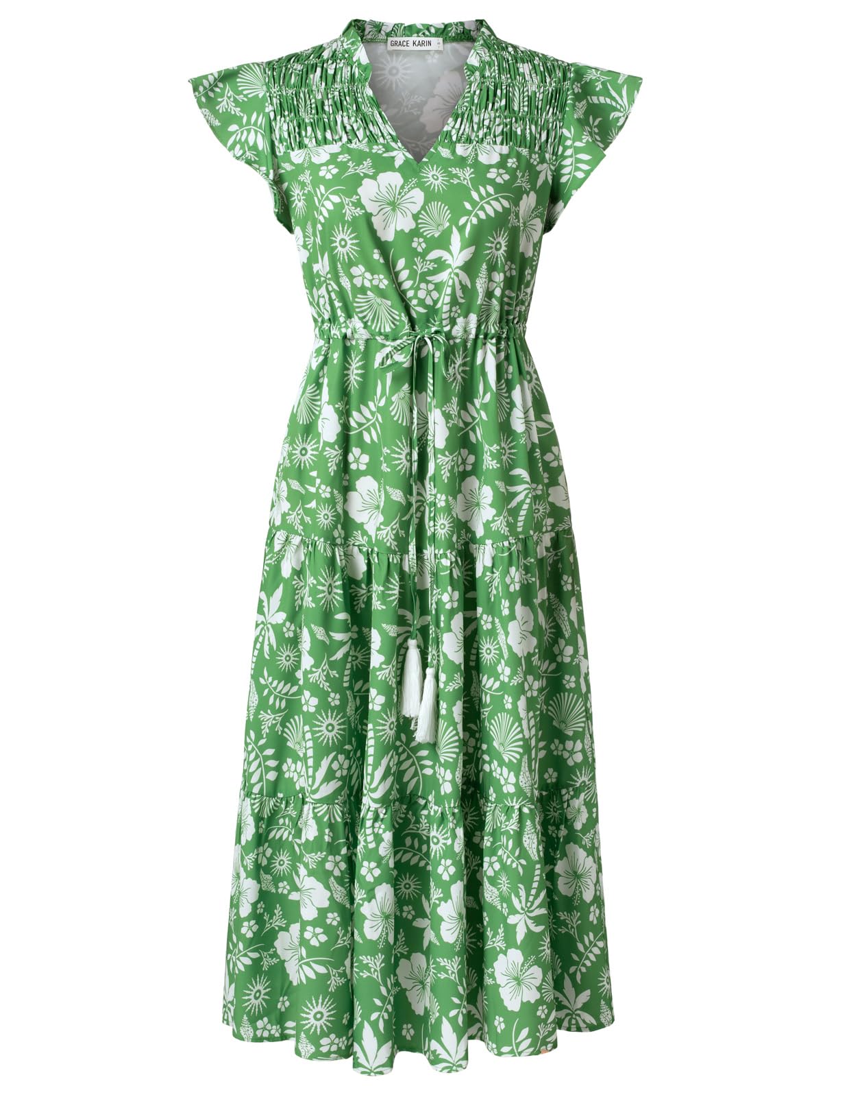 GRACE KARIN Women's Drawstring Waist Flutter Sleeve V-Neck A-line Dress