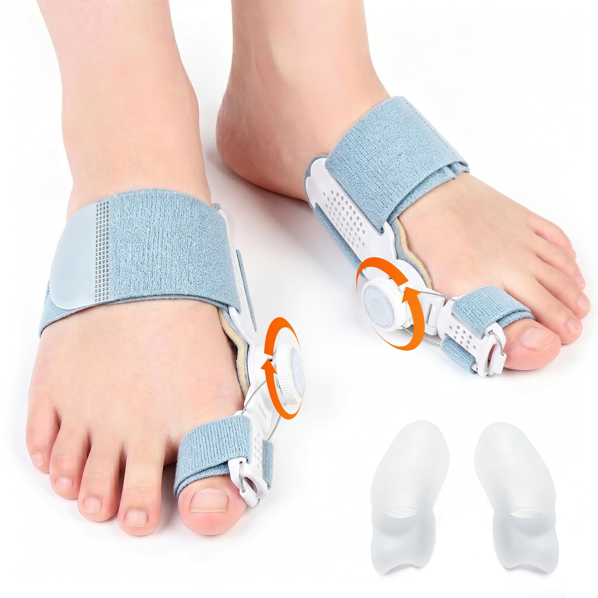 Hallux Valgus Korrektur Set für Damen und Herren, Verstellbarer Hallux Valgus Schiene und 2 Silikon Zehenspreizer für Daumen, Reduziert Hallux Valgus Belastung für Tag und Nacht,2 Paar
