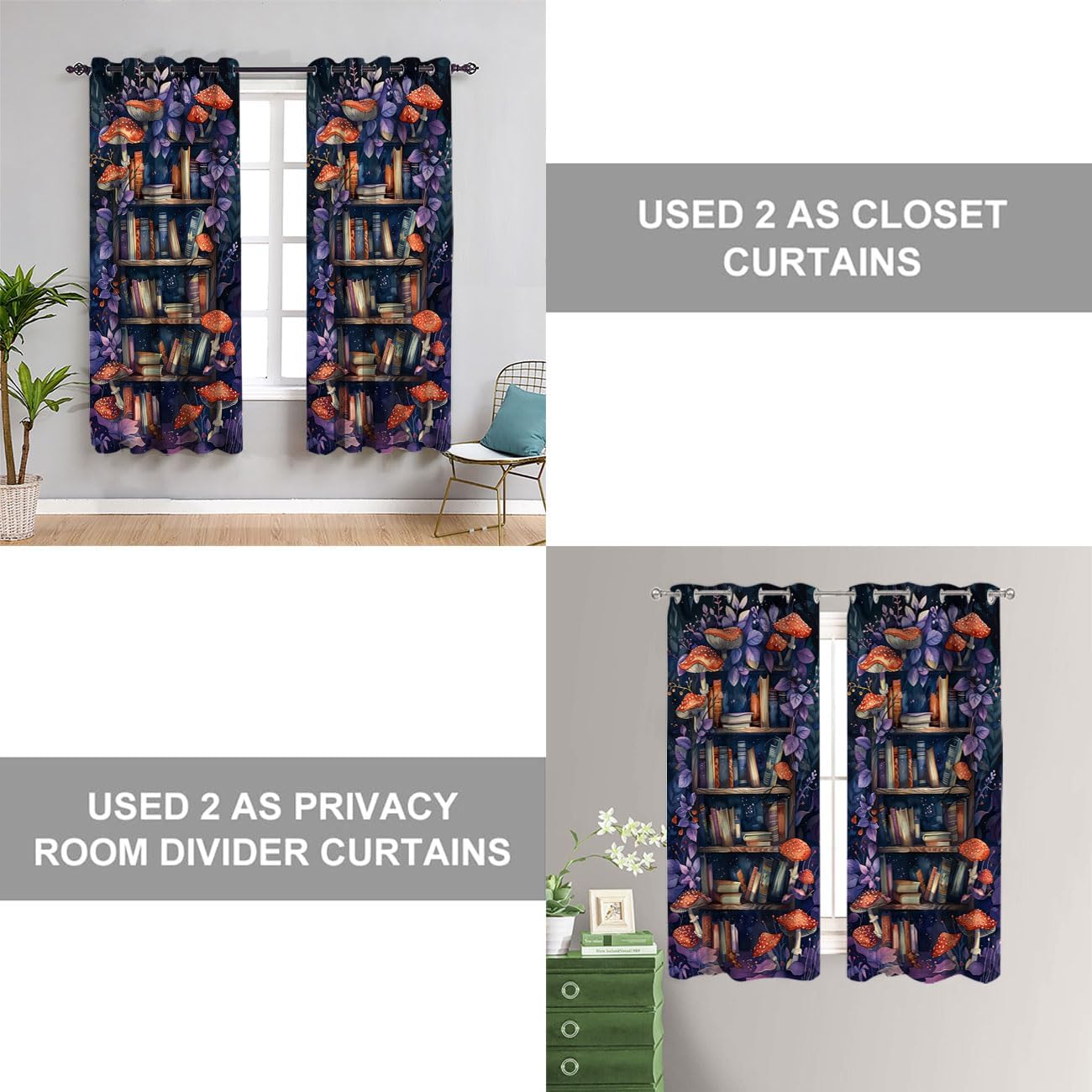 Bookshelf Door Curtain, Enchanted Books Magical Mushroom Fantasy Closet Door Cover Curtain for Kids Boys Girls Teens Room Decor, 1 Panel 42" W X 80" L