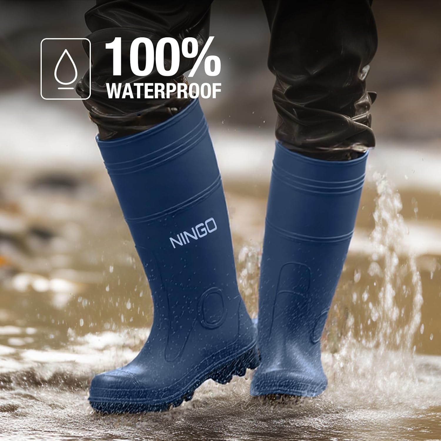 NINGO Men's Steel Toe Rain Boots, Waterproof Rubber Boots, Seamless PVC Rainboots, Puncture and Slip Resistant, Outdoor Fishing Gardening Boots for Men, for Agriculture and Industrial Working