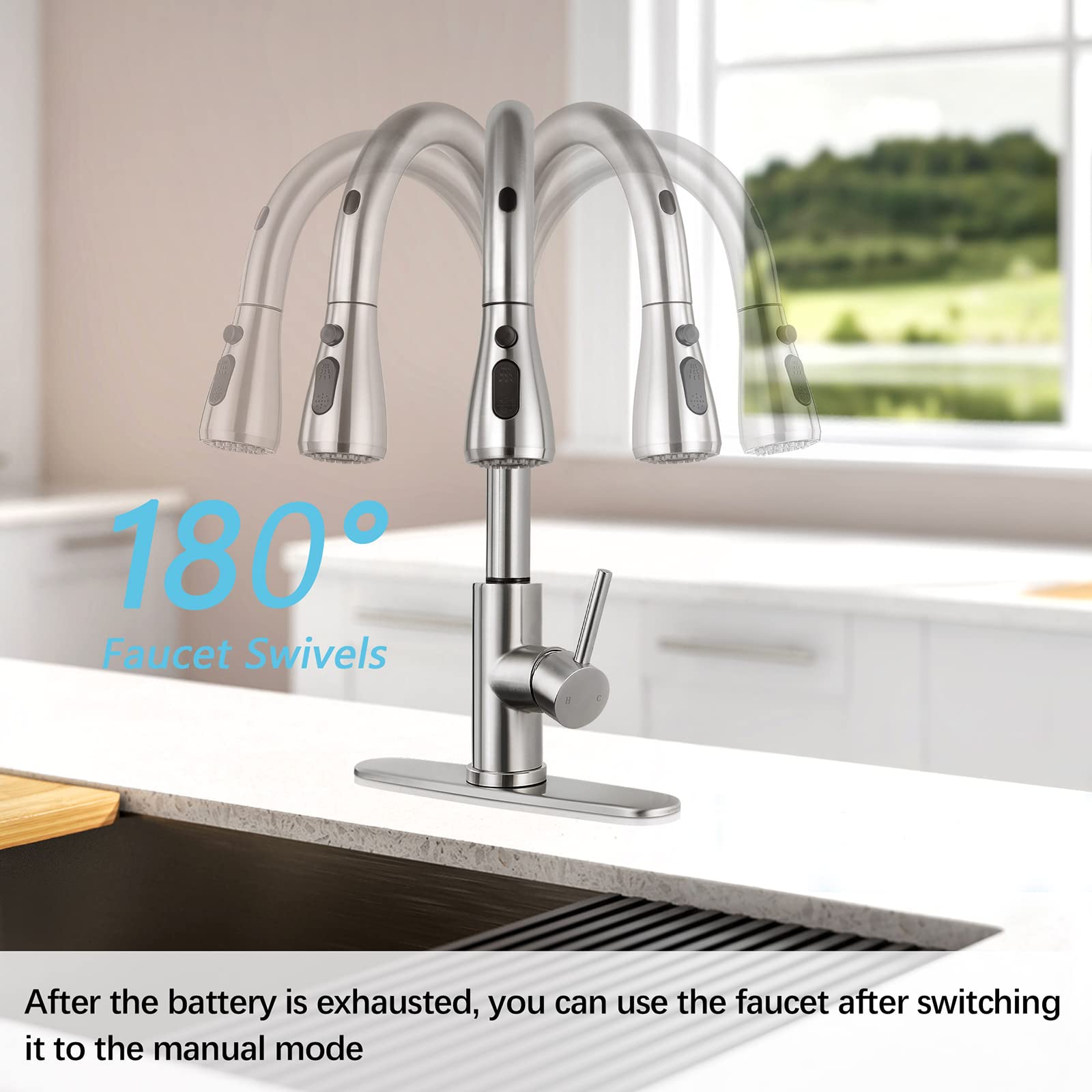 Qomolangma Touchless Kitchen Faucet with Pull Down Sprayer, Motion Sensor Hand Free Single Handle Kitchen Sink Faucet with Pull Out Sprayer, Stainless Steel, Brushed Nickel