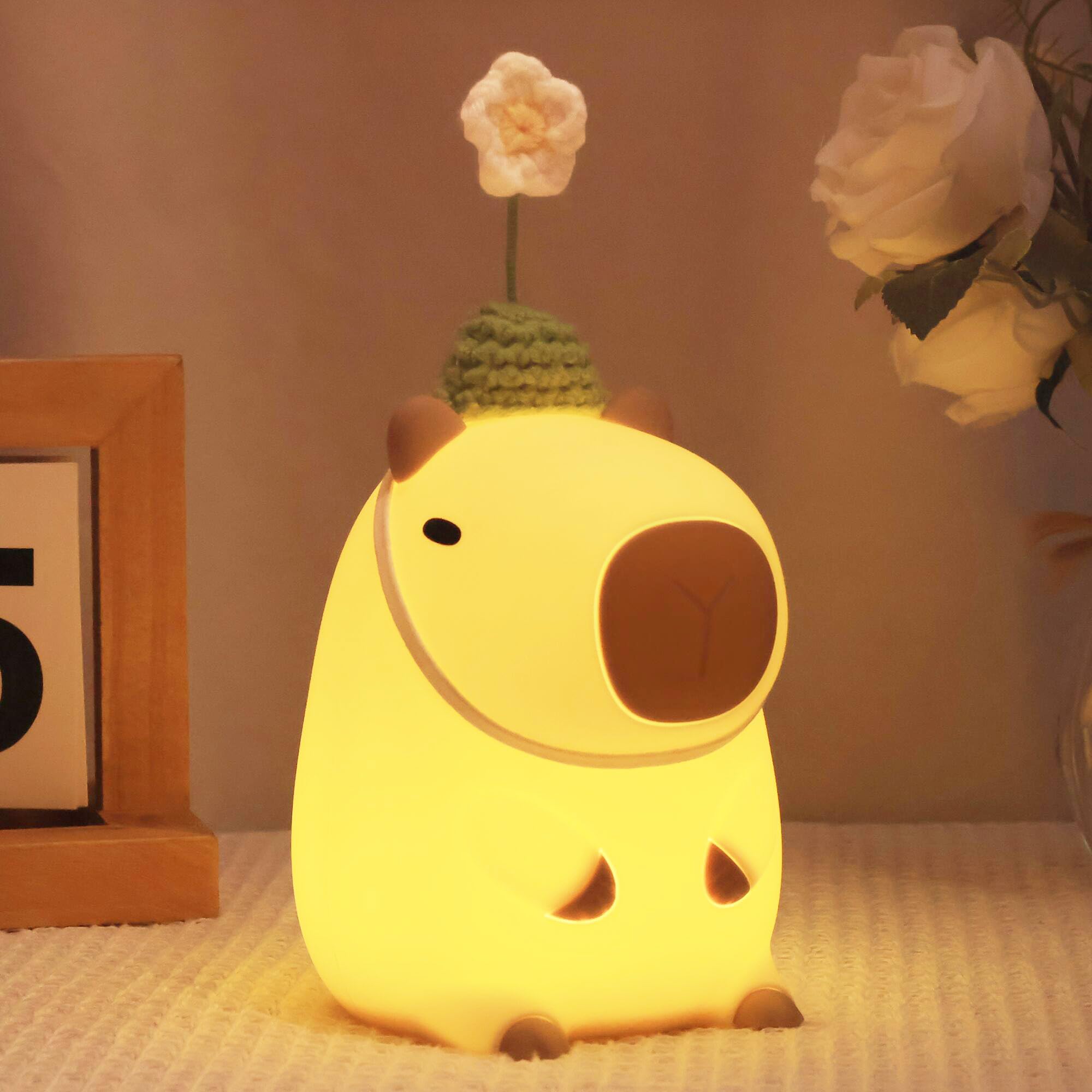 Okayera Cute Capybara Night Light, Squishy Animal Flower Lamp with Rechargeable Timer Dimmable, Nursery Nightlight Home Bedside Decor Birthday