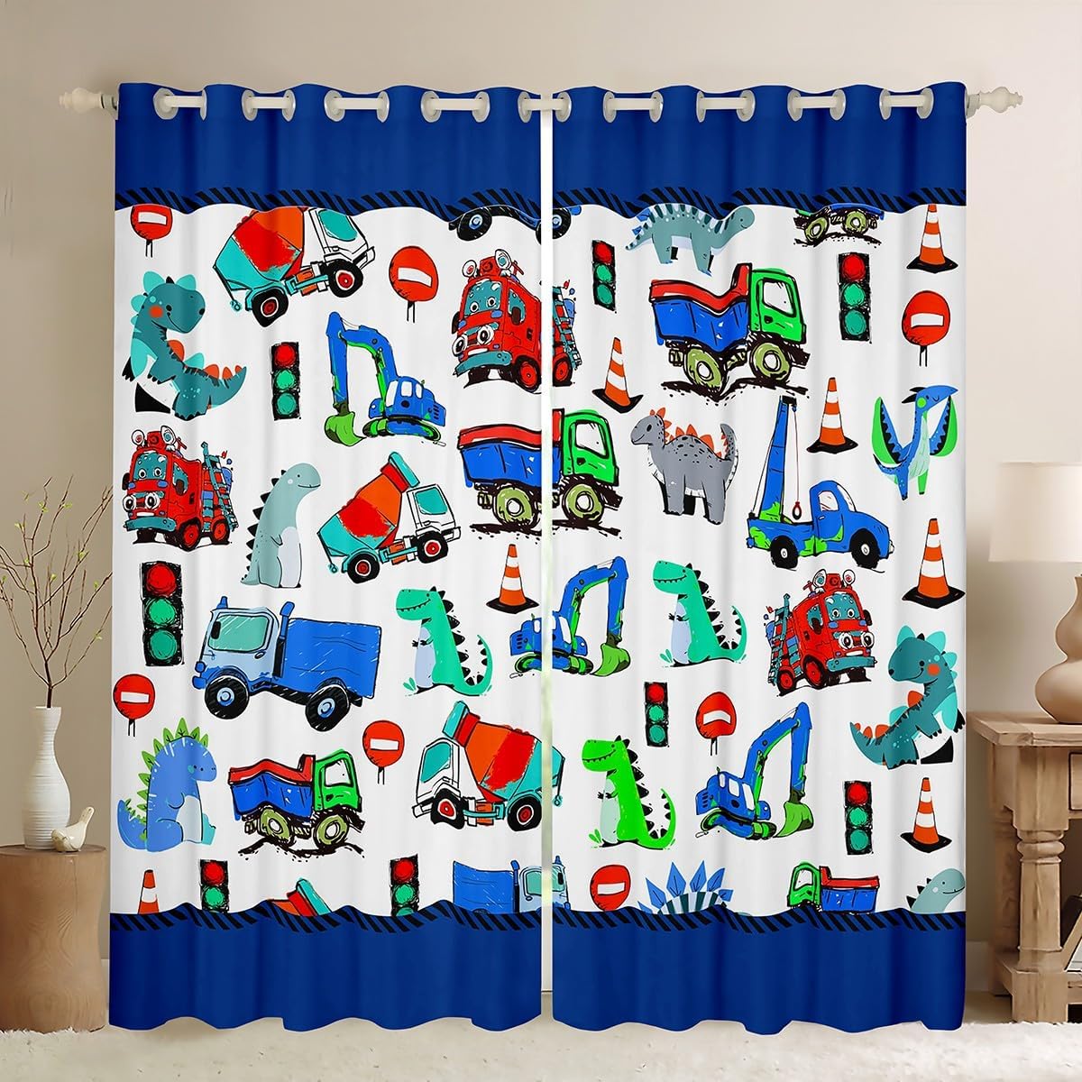 Boys Construction Curtain (2 Panels， 42 x 63 Inch) for Bedroom Dinosaur Darkening Curtain Cartoon Equipment Trucks Dino Blackout Curtain(30%-50%) Cute Machinery Car Dinosaurs Window Drapes Blue