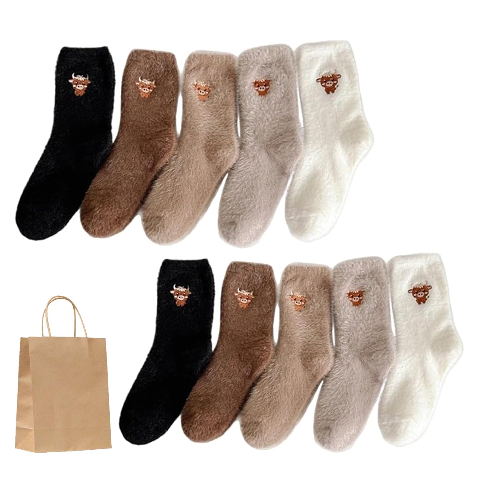 Fuzzy Highland Cow Socks, 5 par uroczych haftowanych skarpet Highland Cow Crew Sock, puszyste zimowe ciepłe, skarpety do spania dla kobiet