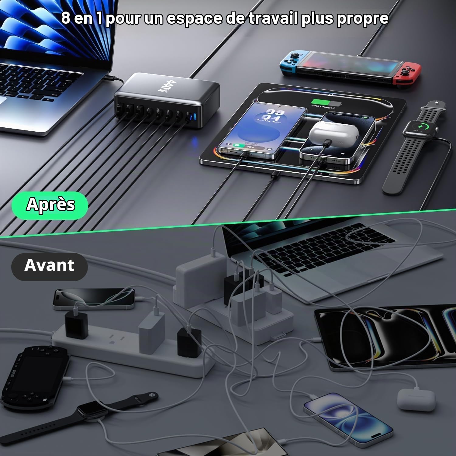 Chargeur USB C 440W, 8-en-1 Chargeur Rapide Multiple avec 5 USBC et 3 USBA, Station de Charge GaN III et PD 3.0, Double PD100W Port Laptop Charger Compatible avec MacBook Pro/Air/iPad/iPhone