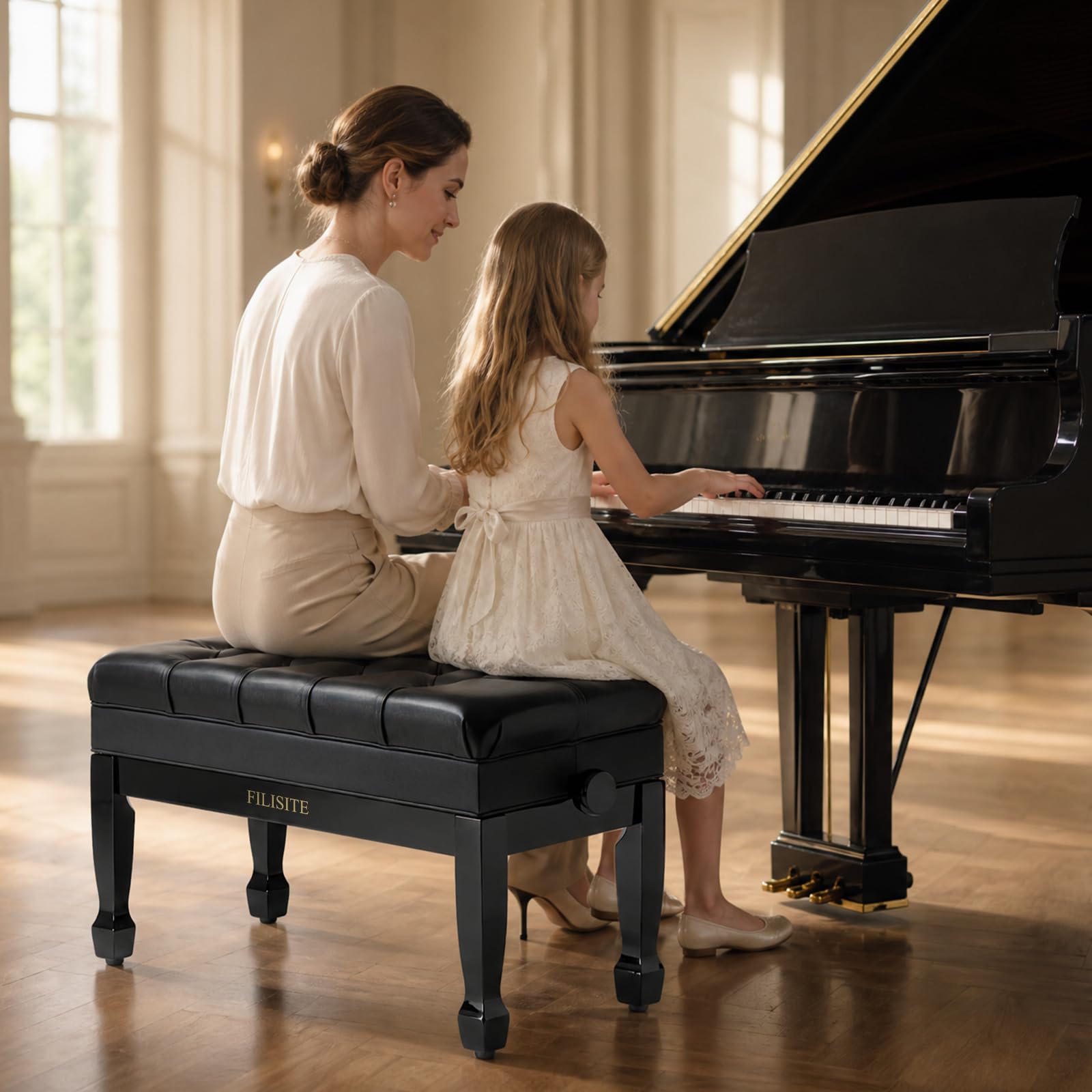 XHJ-11G Klavierbank aus echtem Leder, mit Stauraum, Verstellbarer, robuster Doppel-Keyboardsitz aus Holz, Schwarz