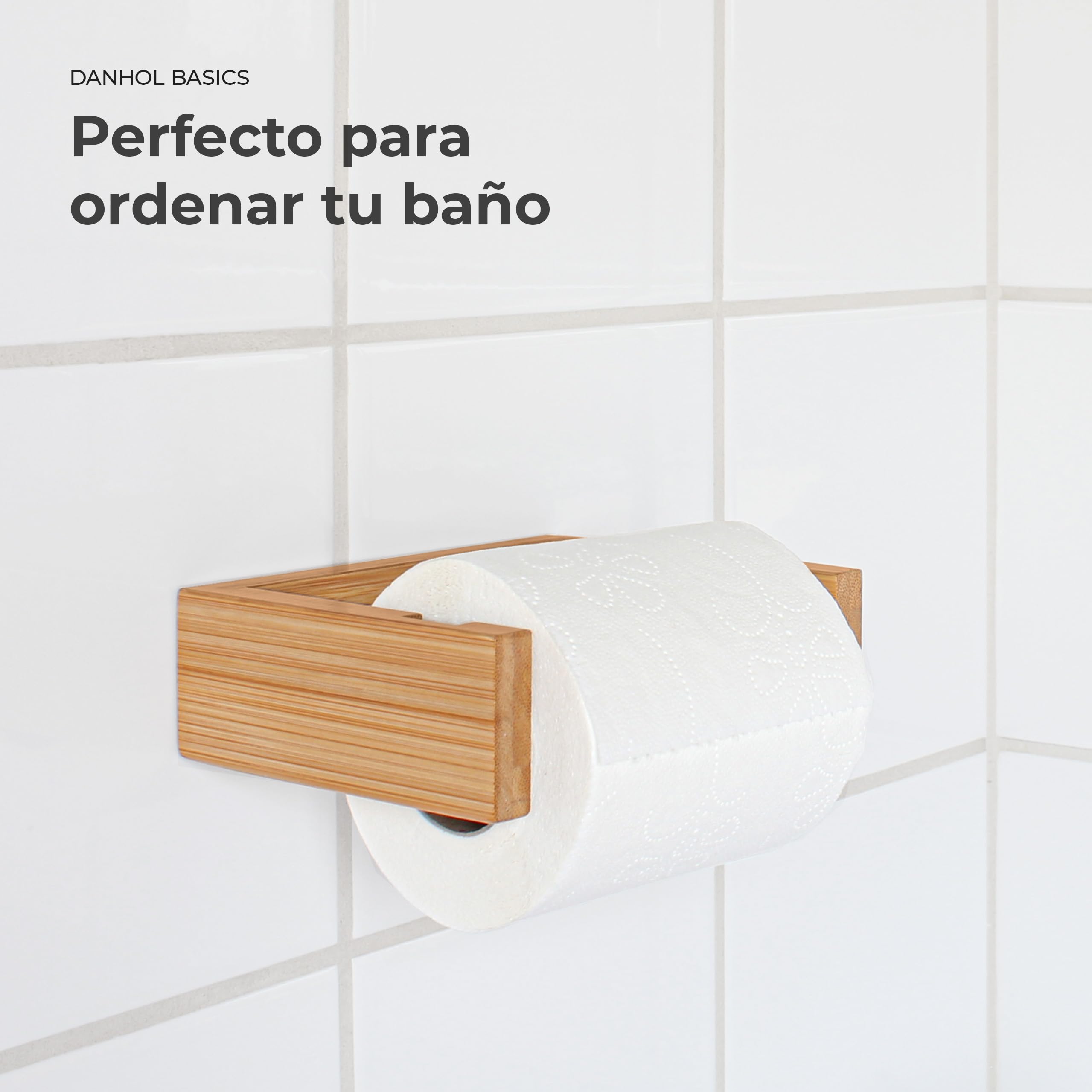 Juego accesorios baño | Accesorios baño sin taladro (Adhesivo) | Set de baño de 4 Piezas | Toallero + 2 Ganchos + Portarrollos papel higienico Madera Bambú