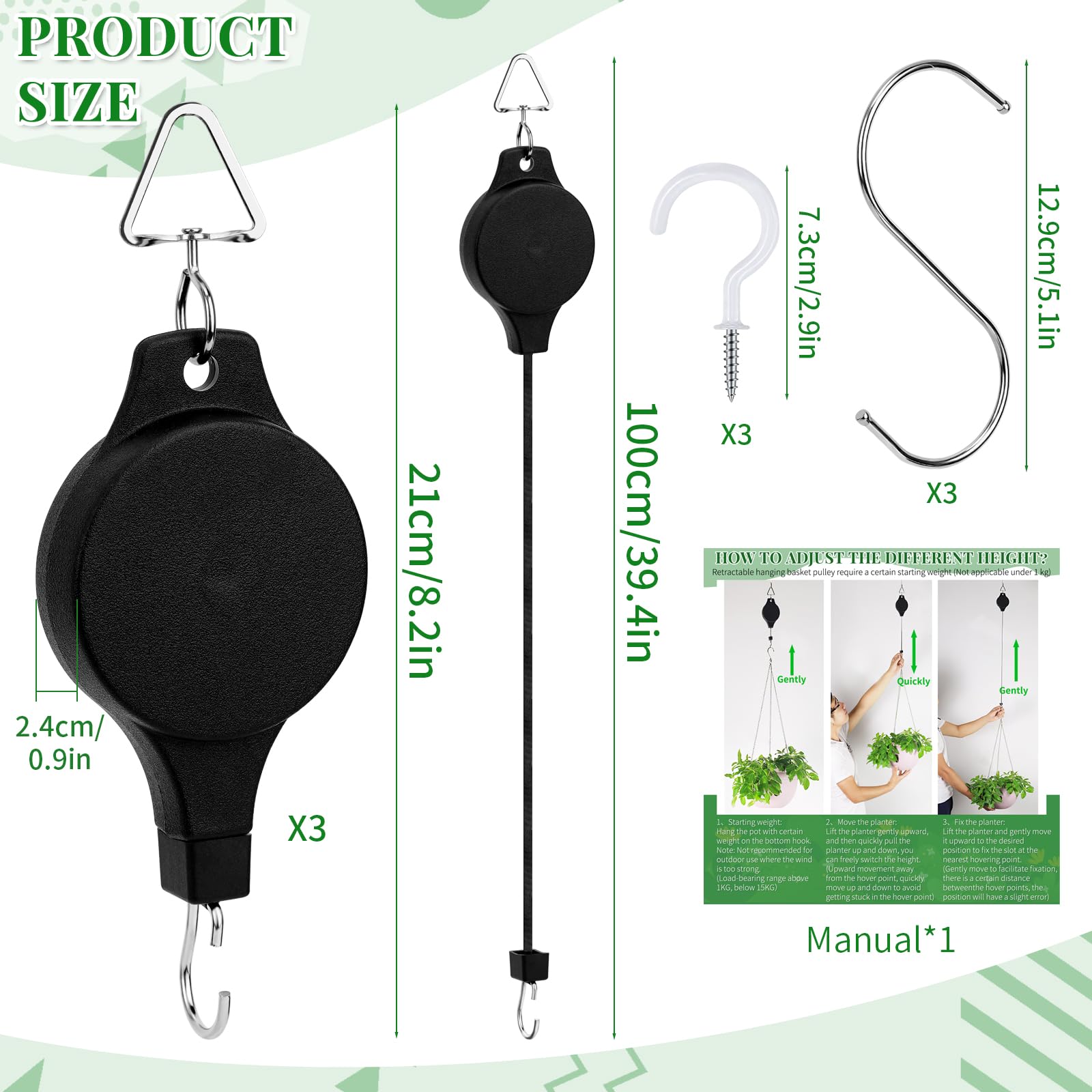 Yotako 3 Pack Hanging Basket Pulley, Heavy Duty Adjustable Plant Pulley  System Retractable Pulley Hook with 3Pcs White Ceiling Hooks and S-Hook for Hanging  Plant Baskets Watering - BigaMart