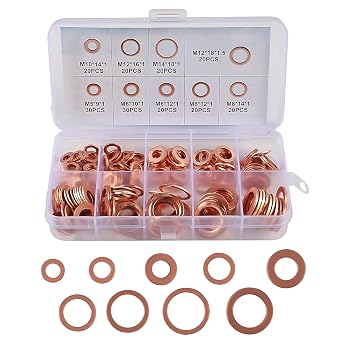 200pcs Flat Copper Washer Assortment Set 9 Sizes M5-M14 O Ring Copper Gaskets Set Flat Ring Seal Kit