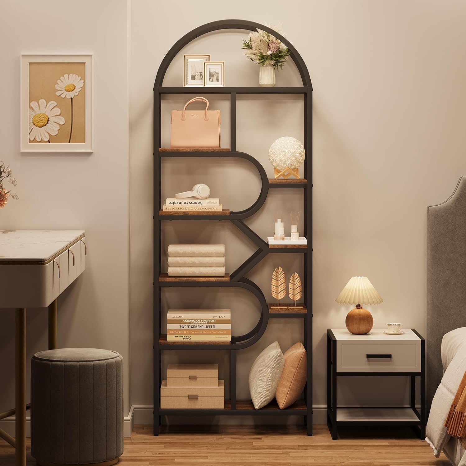 Regał z 6 poziomami łukowy design - 208 cm metal/MDF, 16 kg na podłogę - regulowane, otwarte półki do salonu/sypialni/biura (antypoślizgowy, łatwy montaż)