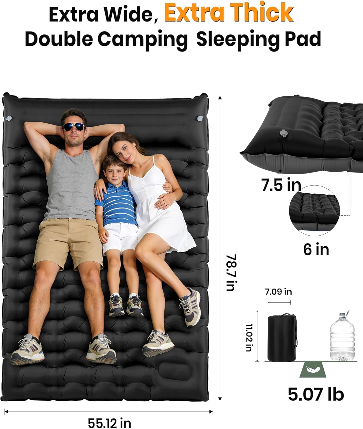 Double Sleeping Pad for Camping, 5.9 Inch Thick Self Inflating Sleeping Mat for Camping with Built in Pillow and Foot Pump, 2 Person Camping Mattress for Backpacking Hiking