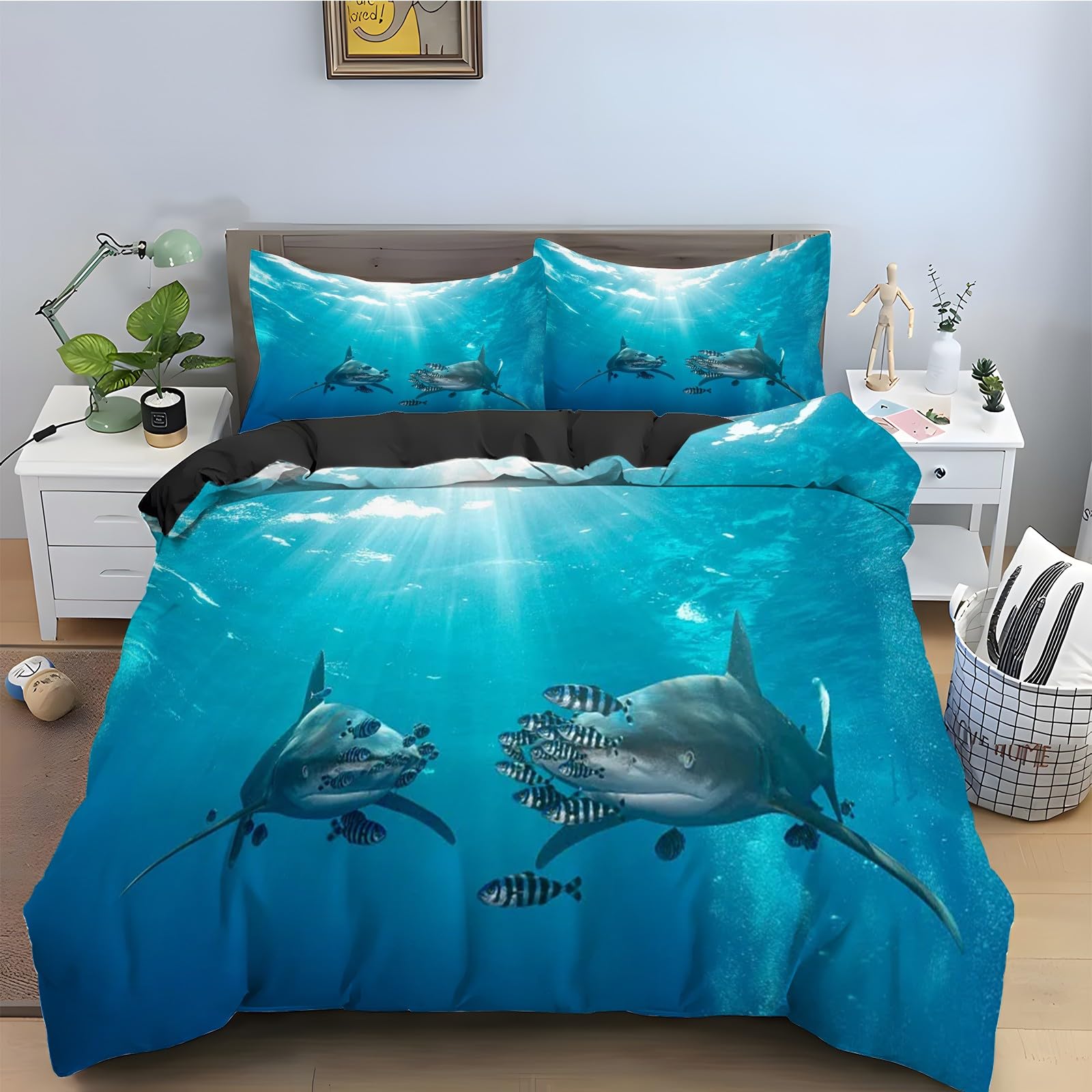 Housse de couette requin 200x200 facile à laver avec fermeture éclair pour lit enfant