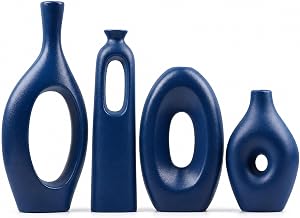 Blue Ceramic Vase Set of 4 - Round Hollow Boho Vases for Pampas Grass and Flowers Decor, Modern Minimalist Small Vases for Living Room, Bedroom, Fireplace, Coffee Table Decor and Centerpieces