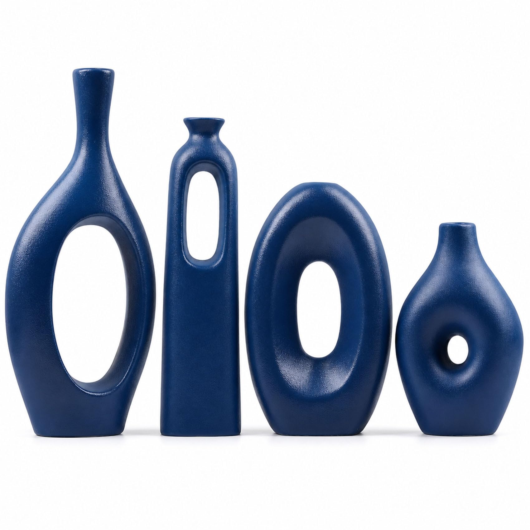 Blaue Keramikvase, 4er-Set – runde, Hohle Boho-Vasen für Pampasgras- und Blumendekoration, Moderne, minimalistische kleine Vasen für Wohnzimmer, Schlafzimmer, Kamin und Tafelaufsätze