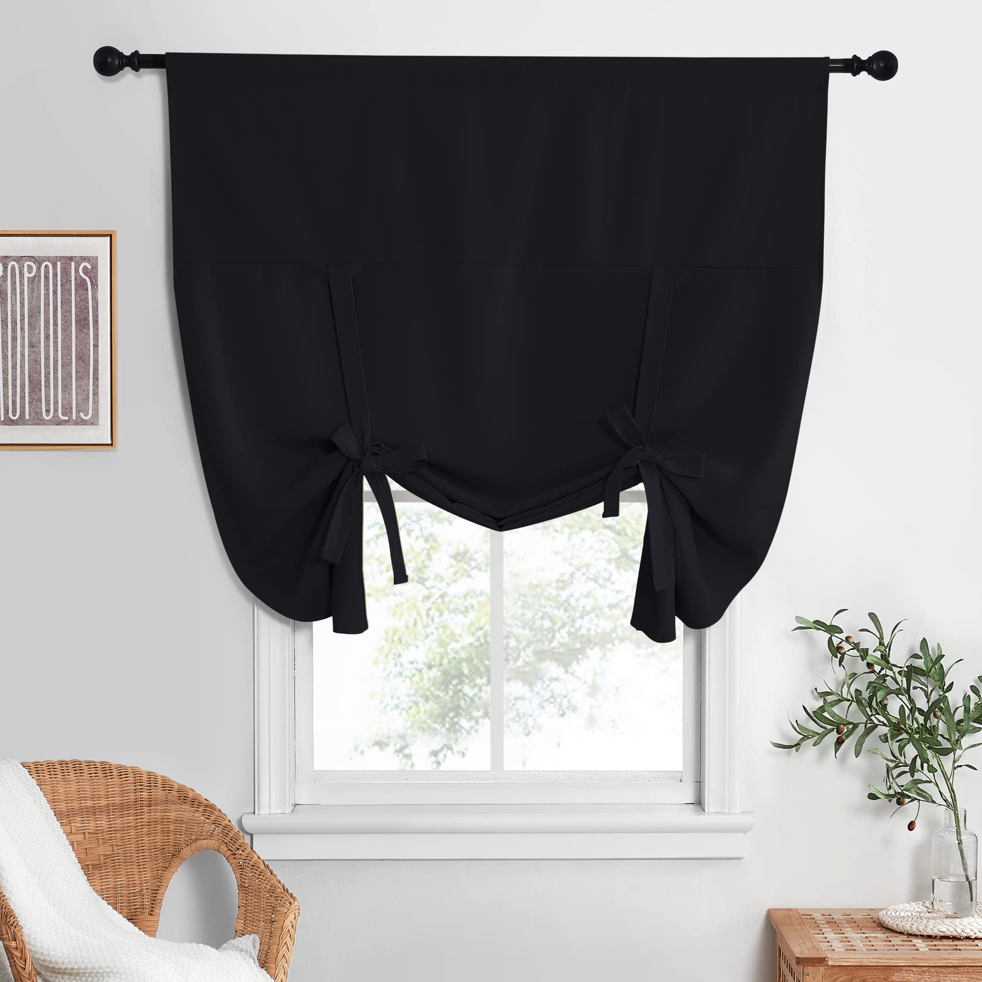 NICETOWN Blackout Curtain for Windows - Thermal Tie Shade for Decoration Length Adjustable Balloon Blind for Kitchen, 52 inches x 63 inches, Black, 1 Panel