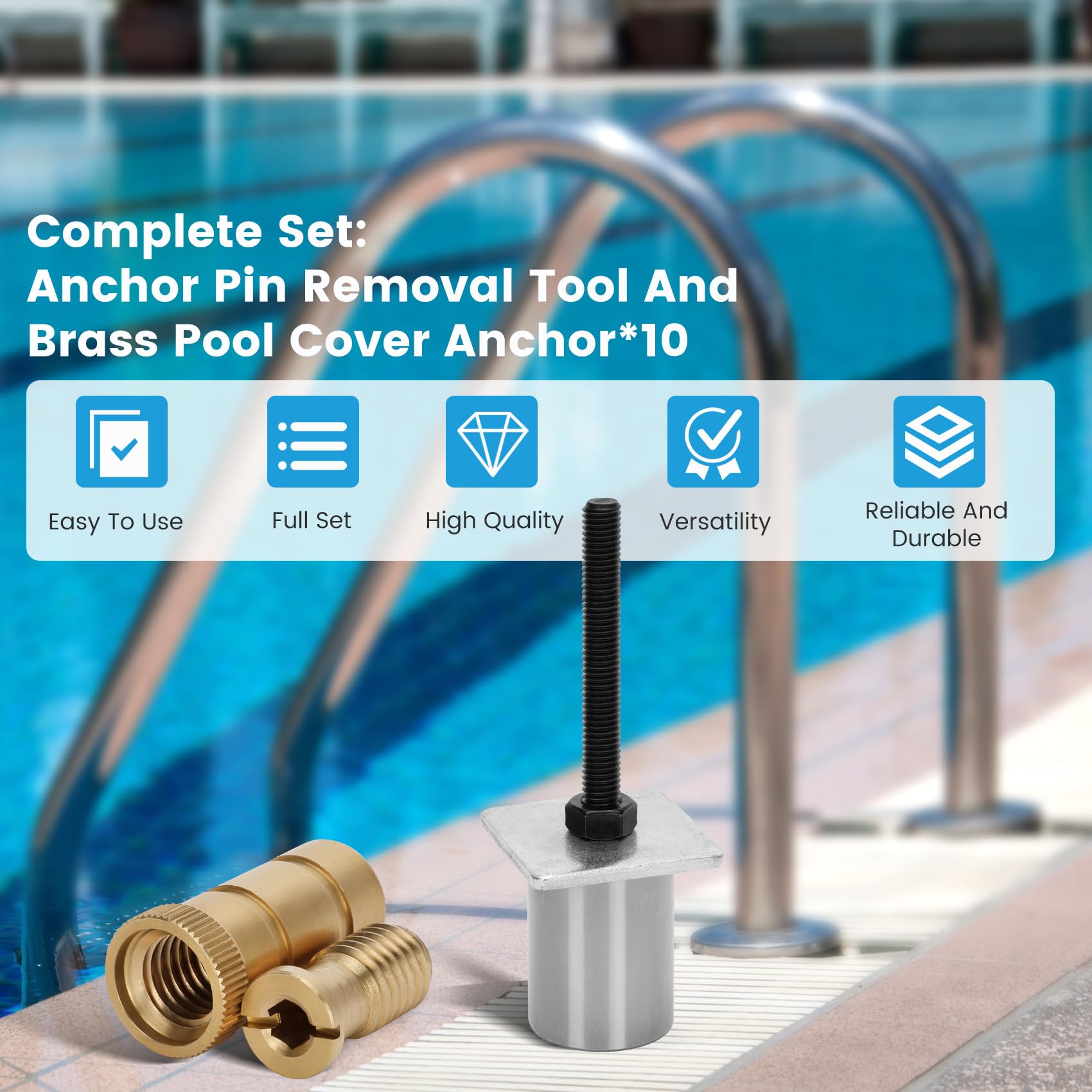 noblequest Pool Cover Anchor Removal Kit Includes 10 Brass Pool Cover Anchors, Anchor Replacement and Installation Tools, Pool Cover Tool for Inground Pools for Concrete and Paved Surfaces