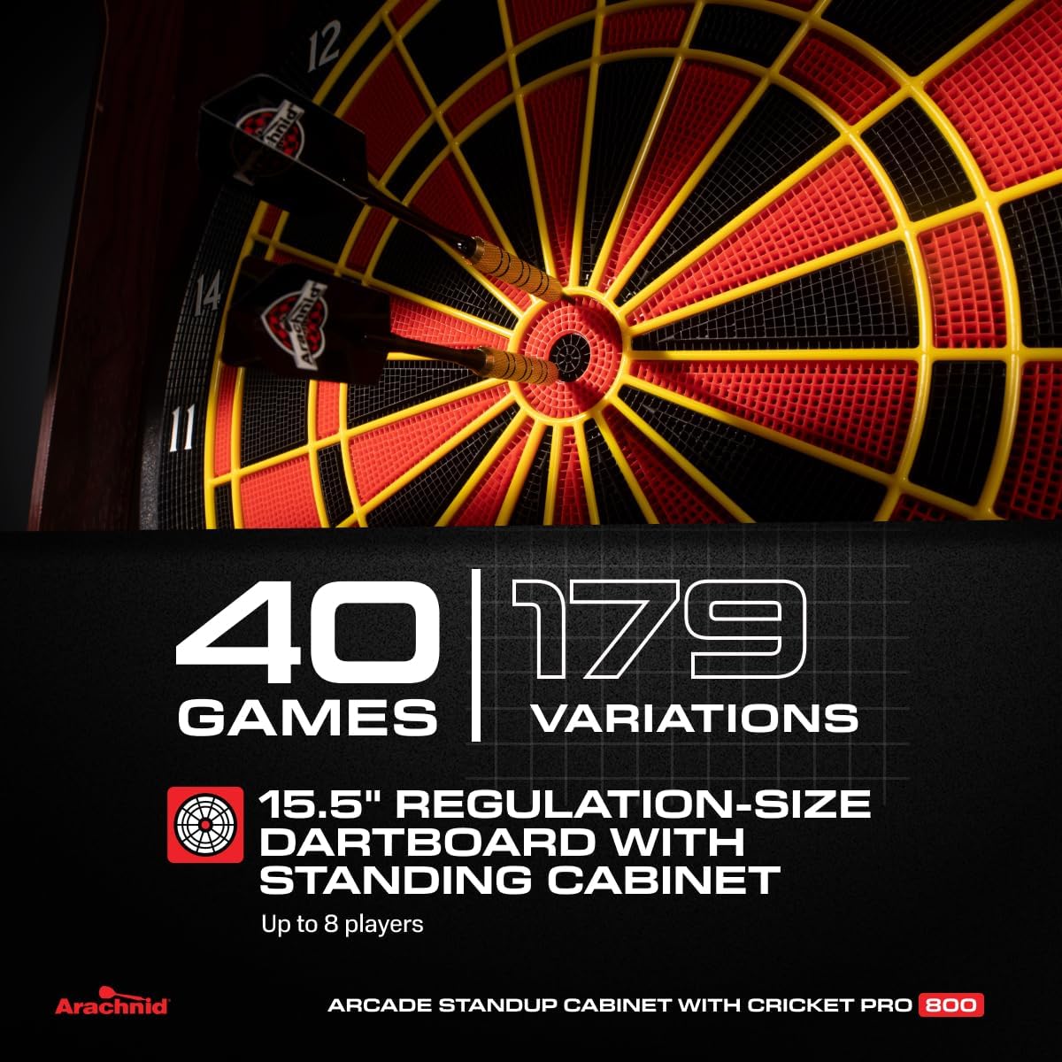 Arachnid Freestanding Cabinet Set: Includes Cricket Pro 800 regulation board in a stylish cabinet with shelves. Offers 40 games, 8-player LED scoring, tri-color Cricket, and 6 darts