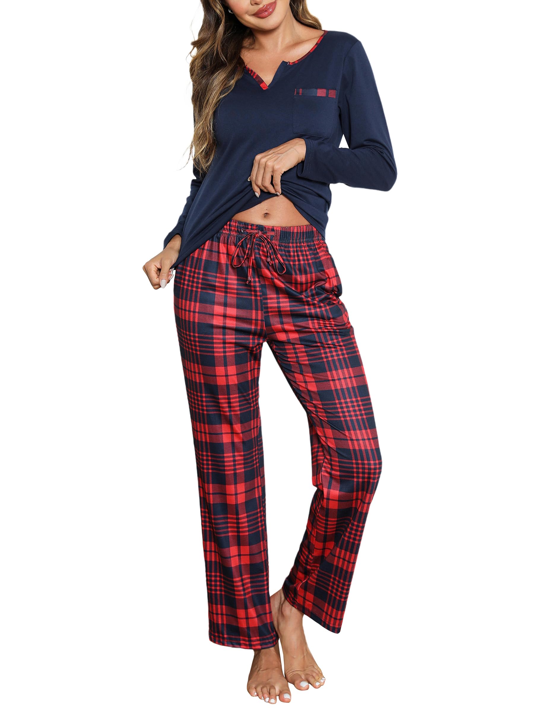 Bresdk Schlafanzug Damen Lang Pyjama Baumwolle Winter Zweiteiliger Weihnachts Pyjamas V-Ausschnitt Schlafanzüge Rot L