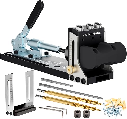 GOINGMAKE All Metal Pocket Hole Jig Kit with Quick Clamp and Dust Collection Easy Use 3 Holes Pocket Hole Screw Jig System 3/8 Inch Accurate Adjustable Drill Guide with Accessories Woodworking Tool