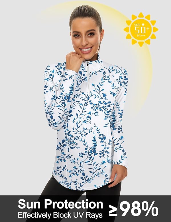 LURANEE Womens UPF 50+ Long Sleeve 1/4 Zip Pullover Athletic Hiking Running Workout Tops Blue Leaf M by LURANEE - Used condition - Image 3
