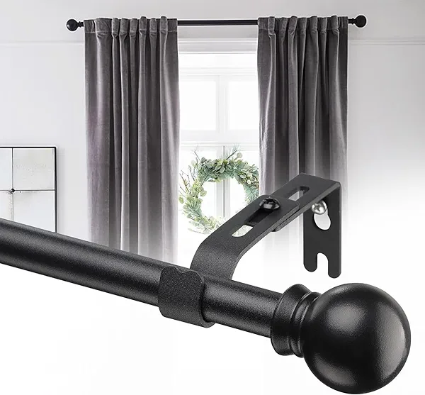 Curtain Rods for Windows 30-90 Adjustable, Matte Black Curtain Rod with Simple Round Finials, 5/8 in Metal Drapery Rods for Bedroom, Outdoor Patio, Anti-Rust Single Rod with Wall Mounted Bracket