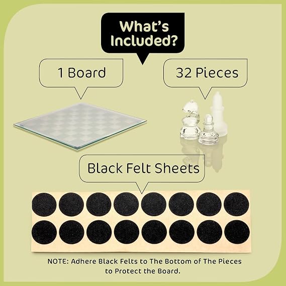 Fine Glass Chess Set, (9 Inch) Modern Clear Chess Board Set with Solid Clear & Frosted Glass Chess Pieces | Crystal Chess Board Set, Felt Padding Included