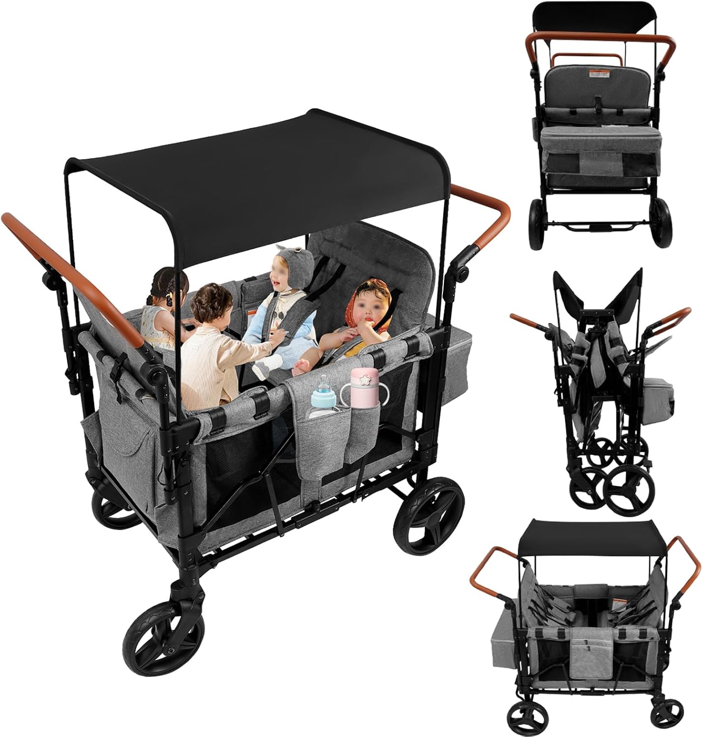 Foldable Wagon Stroller, 4 Seats Stroller Wagon for 0-6 Years Old, 35.4x24.8x44.09in Premium All Terrain Wagon for Kids with Adjustable Handle, Side Organize Bag, Disassemble the Seat