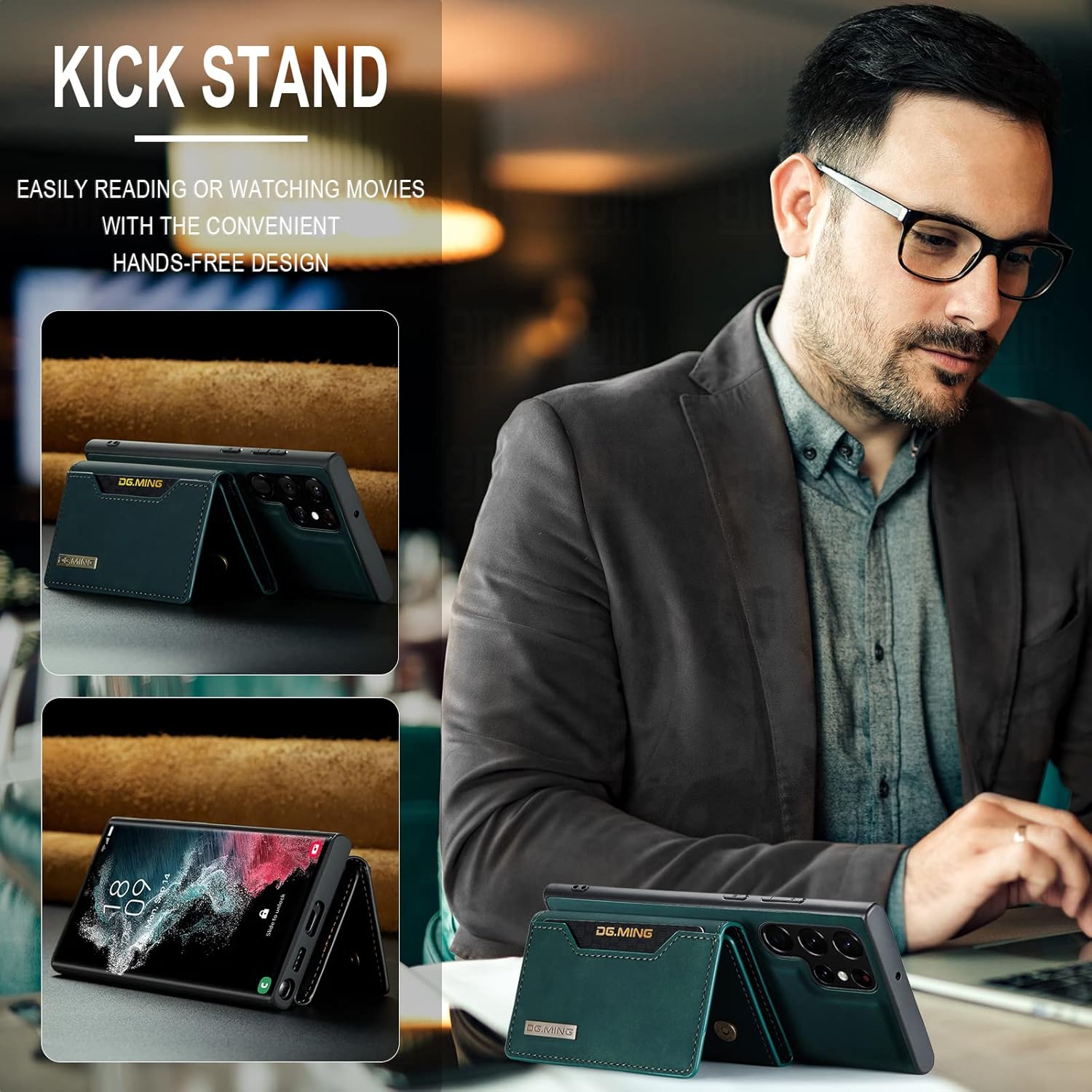 for Samsung Galaxy S22 Ultra Leather Case Wallet 2 in 1 Magnetic Detachable Wallet Back 6.8'' Protection Cover Slim Phone Cases with Card Holder Bag No Wireless Charger Green