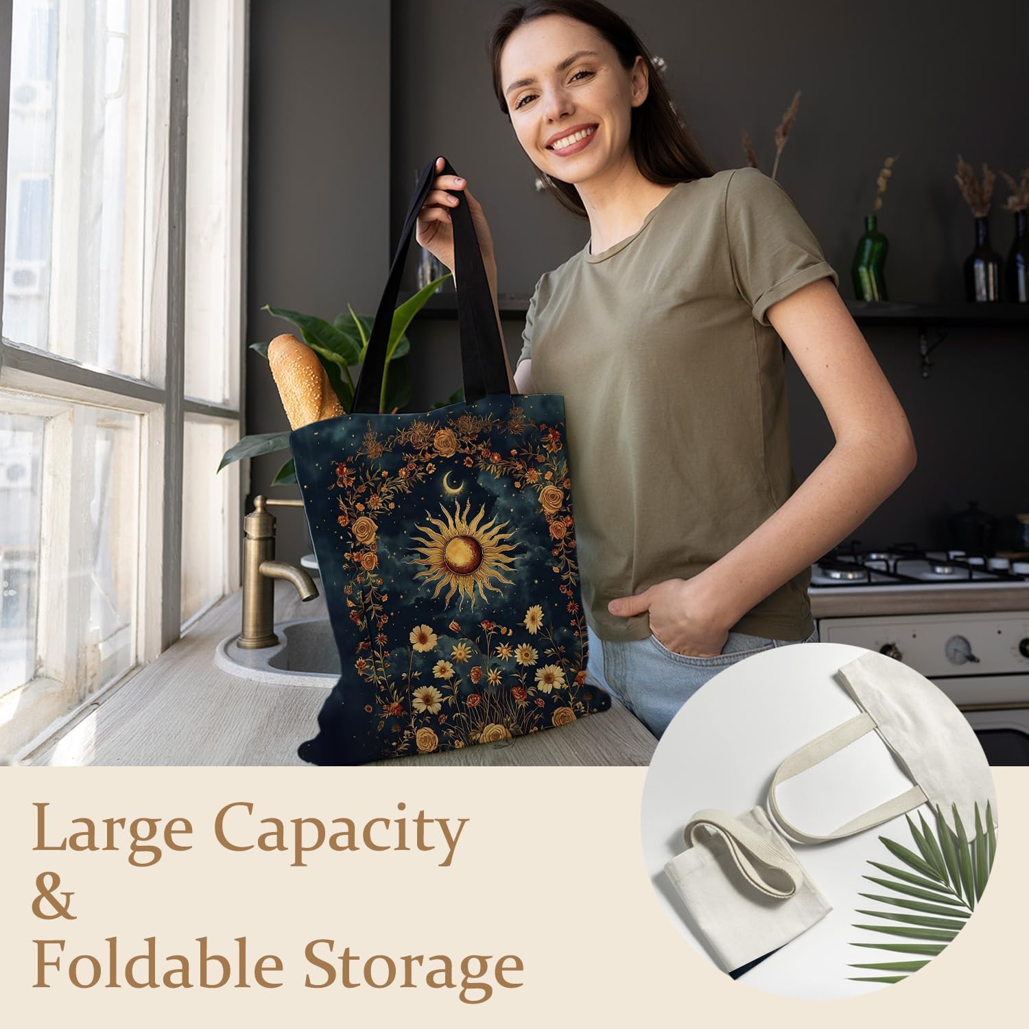 Gloomy Boho Sun Floral Tote Bag, Witchy Gothic Sun and Moon Night Canvas Tote Bags for Women, Mystical Celestial Boho Botanical Reusable Grocery Shopping Bags - Image 5