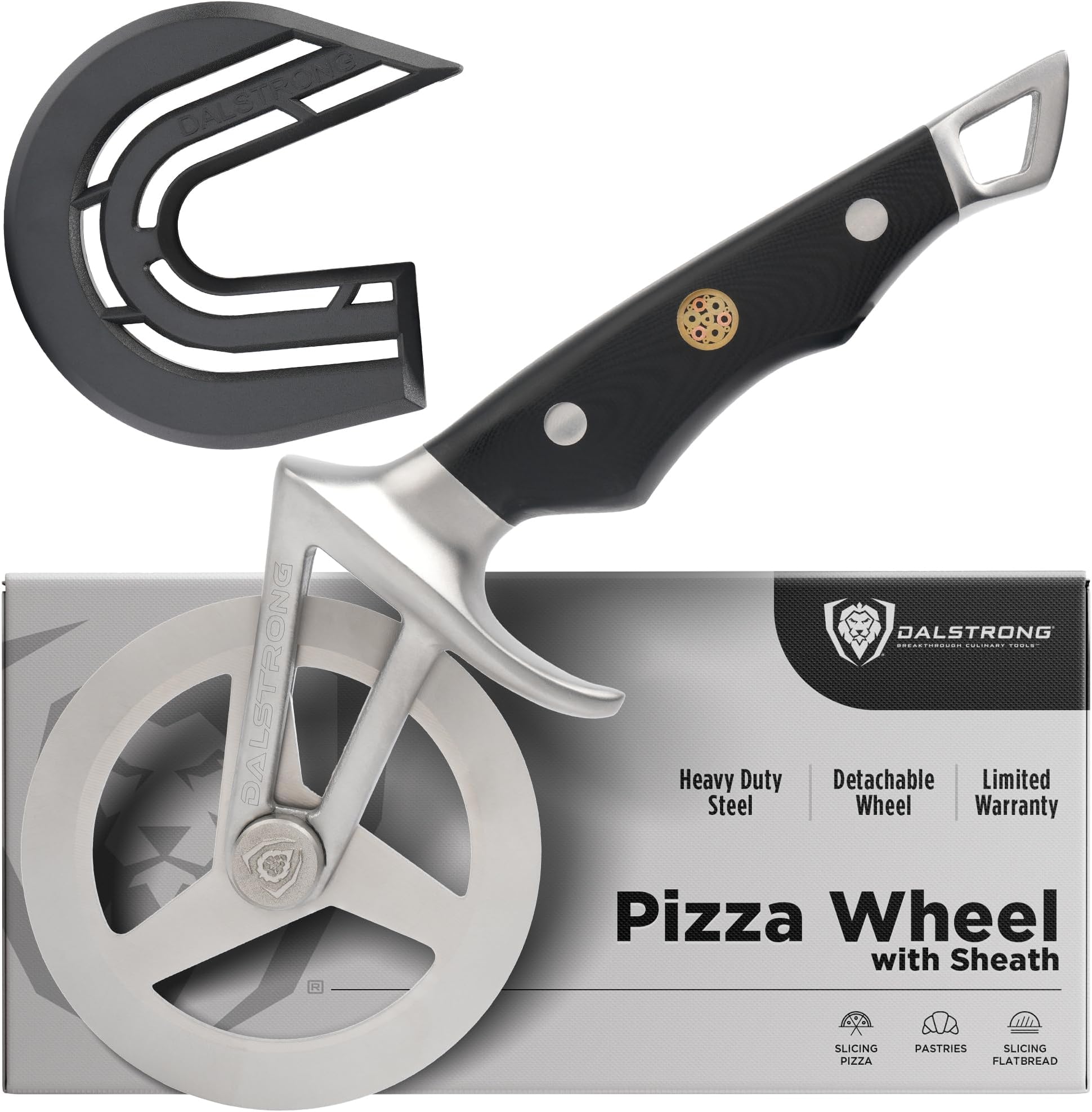 Dalstrong Orbit Razor Pizza Cutter Wheel — 2mm #304 Stainless, Tri-Spoke Rotary, G-10 Handle — For Homemade Pizza, Flatbread, Quesadillas, Pastry & Dough — Thumb Guard + Sheath Included