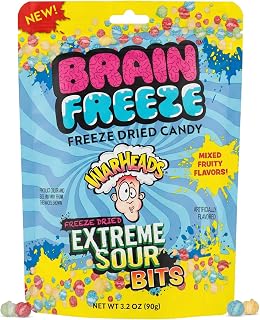 Brain Freeze by Warheads Freeze-Dried Extreme Sour Bits, 3.2 Oz (Pack of 1) - Watermelon, Lemon, Green Apple & Blue Raspberry Flavored Bite-Sized Freeze-Dried Sour Candy, Ideal Fun Candy for Parties