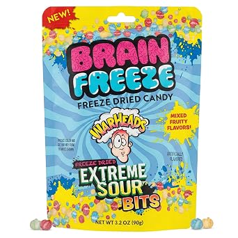 Brain Freeze by Warheads Freeze-Dried Extreme Sour Bits, 3.2 Oz Pack of 1 - Watermelon, Lemon, Green Apple & Blue Raspberry Flavored Bite-Sized Freeze-Dried Sour Candy, Ideal Fun Candy for Parties