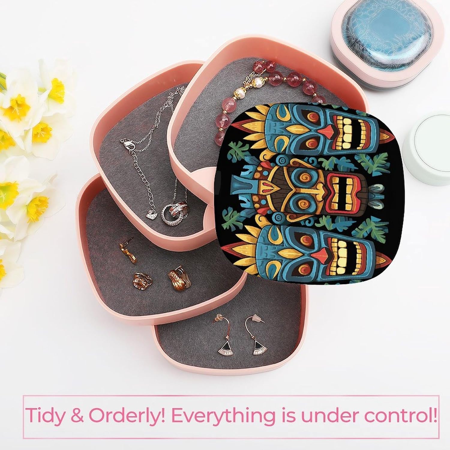 Colorful Tiki Mask Pattern Jewelry Box 360° Rotatable Jewelry Organizer 4 Layers Jewelry Case with Lid Fashion Portable Earring Holder for Bracelets Rings Bracelets Vanity image 5