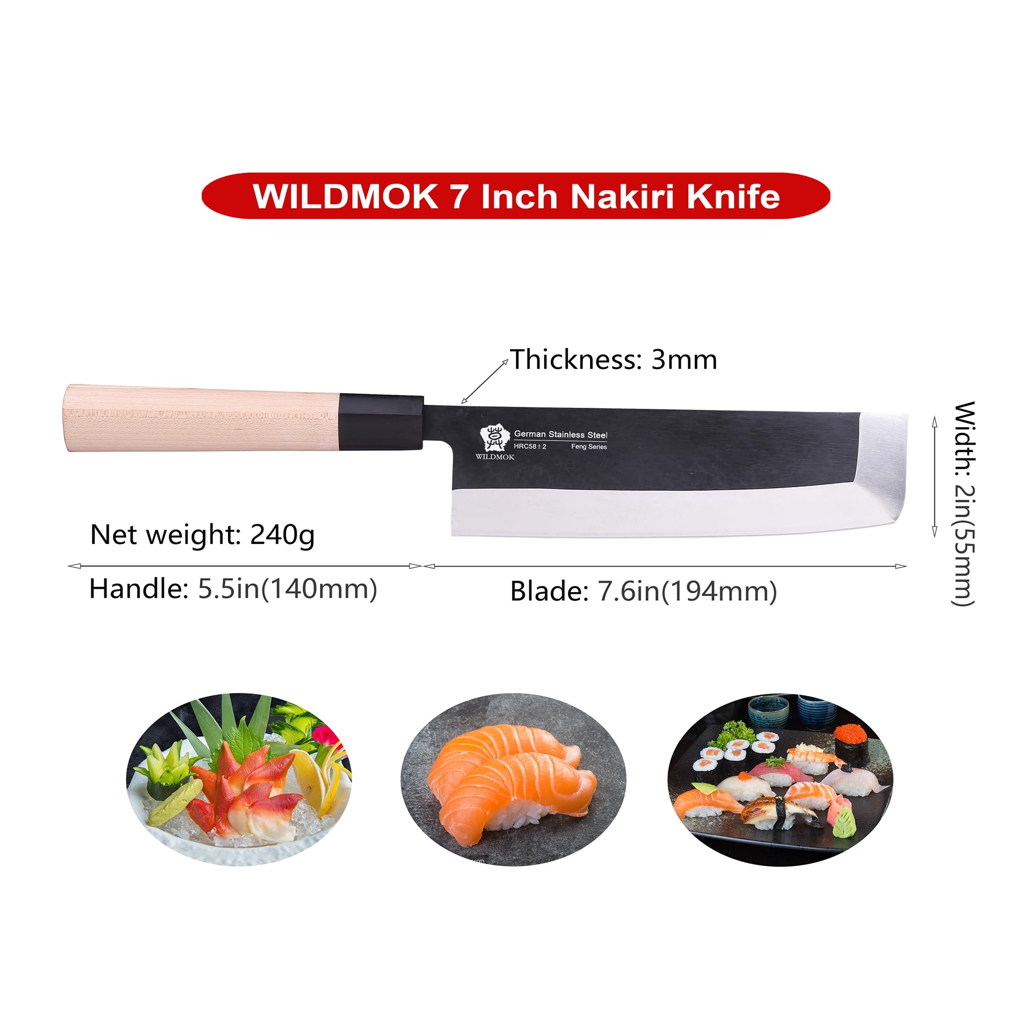 WILDMOK Nakiri - Cuchillo para verduras (19,4 cm, hoja alemana de acero inoxidable, mango de madera tradicional)