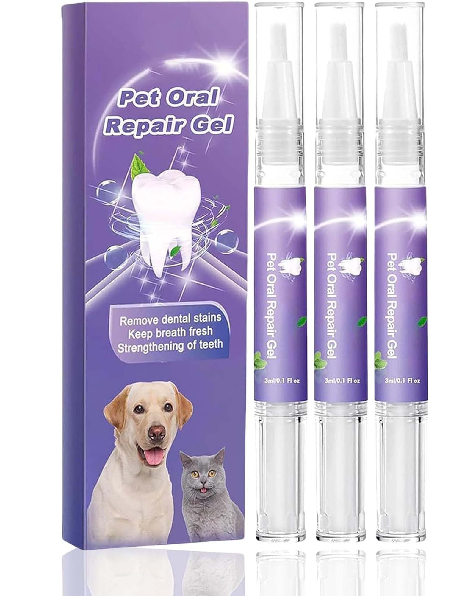 Pet Oral Repair & Whitening Gel, Cat & Dog Dental Care, Toothbrushes, Teeth Cleaner & Fresher Breath, No Brushing, 3Pcs